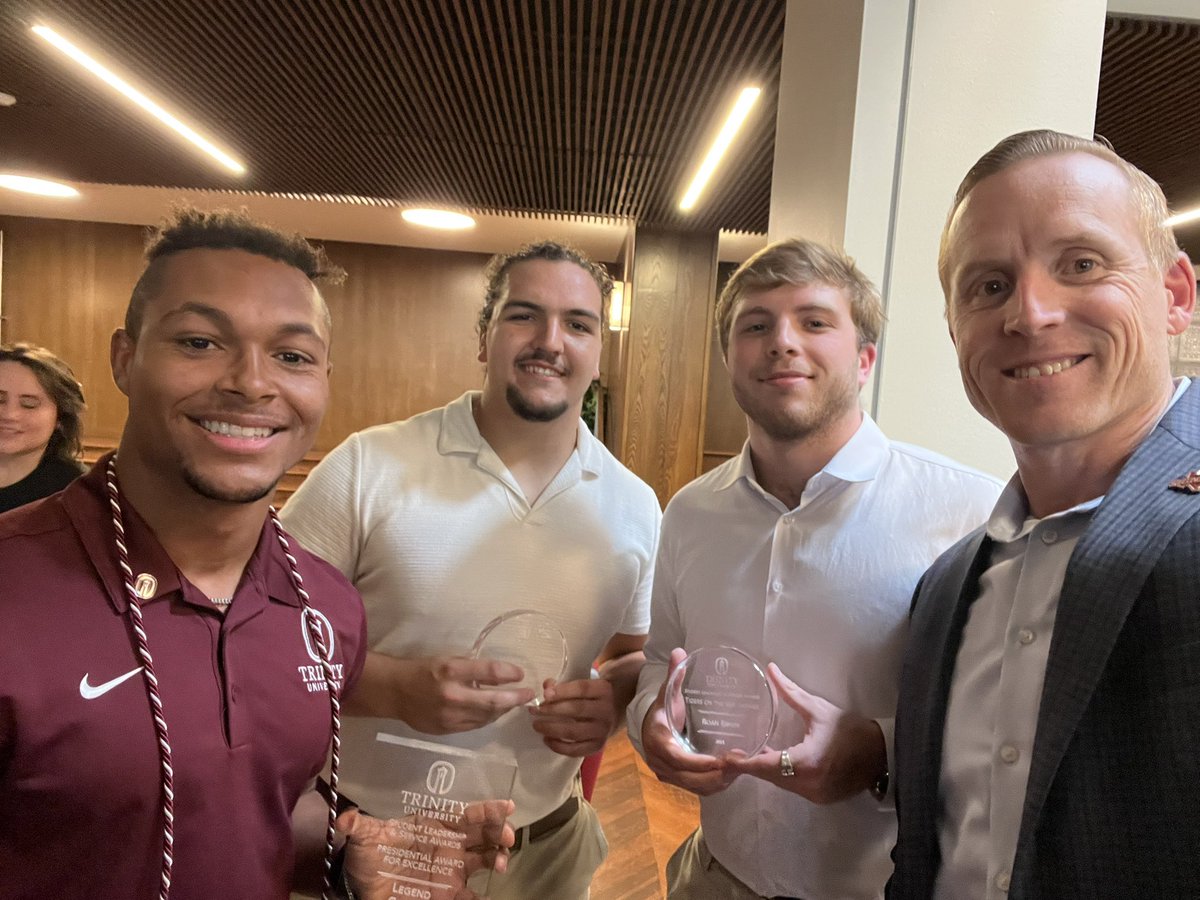 <a href="/SAA_Sports/">SAA Sports</a> Championships &amp; <a href="/NCAADIII/">NCAA Division III</a> playoff appearances aren’t the only things that the <a href="/TUFootballTX/">Trinity University Football</a> Men do well, they are incredible men, dynamic leaders, and excellent students! Congrats to <a href="/lgrigsby14/">Legend Grigsby</a> <a href="/CalebBayer2/">Caleb Bayer</a> and <a href="/roanerwin/">Roan Erwin</a> on your awards today! #PTC #BeTheStandard