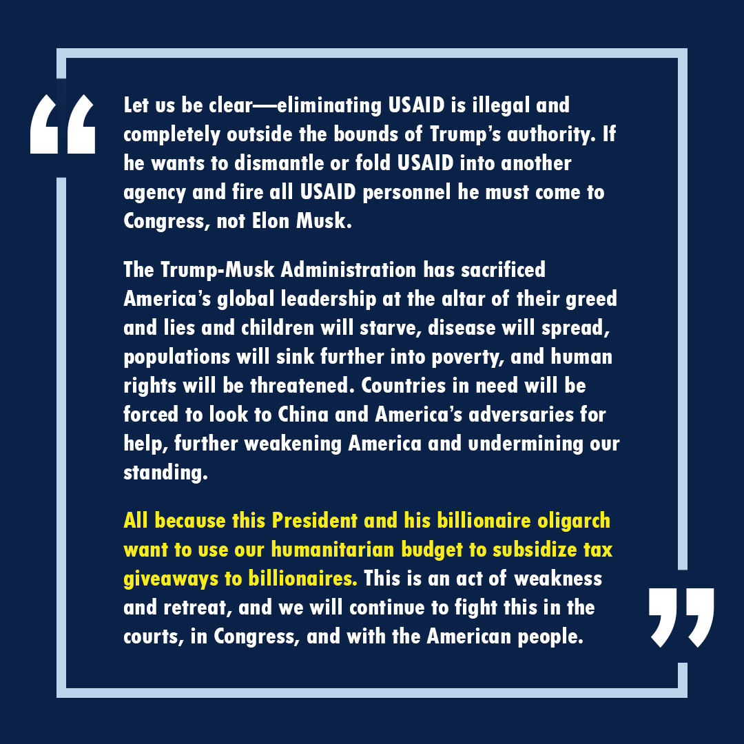 Today, the State Department told Congress it officially plans to illegally dissolve USAID and fire all USAID employees.

NEW TONIGHT: RM <a href="/GerryConnolly/">Rep. Gerry Connolly</a> and <a href="/SenTimKaine/">Senator Tim Kaine</a>’s joint statement: