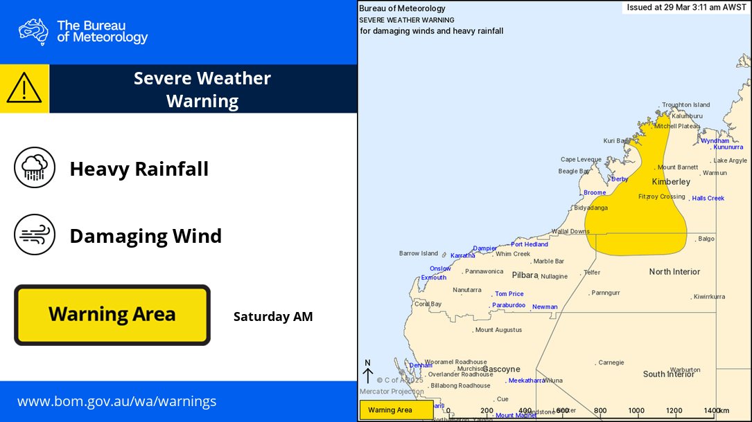 ⚠️Severe Weather Warning for HEAVY RAINFALL
For people in parts of Kimberley, North Interior &amp; Pilbara districts.

Heavy rainfall &amp; Damaging winds over the Kimberley with Tropical Cyclone Dianne making landfall this morning, extending south during the day

bom.gov.au/products/IDW21…