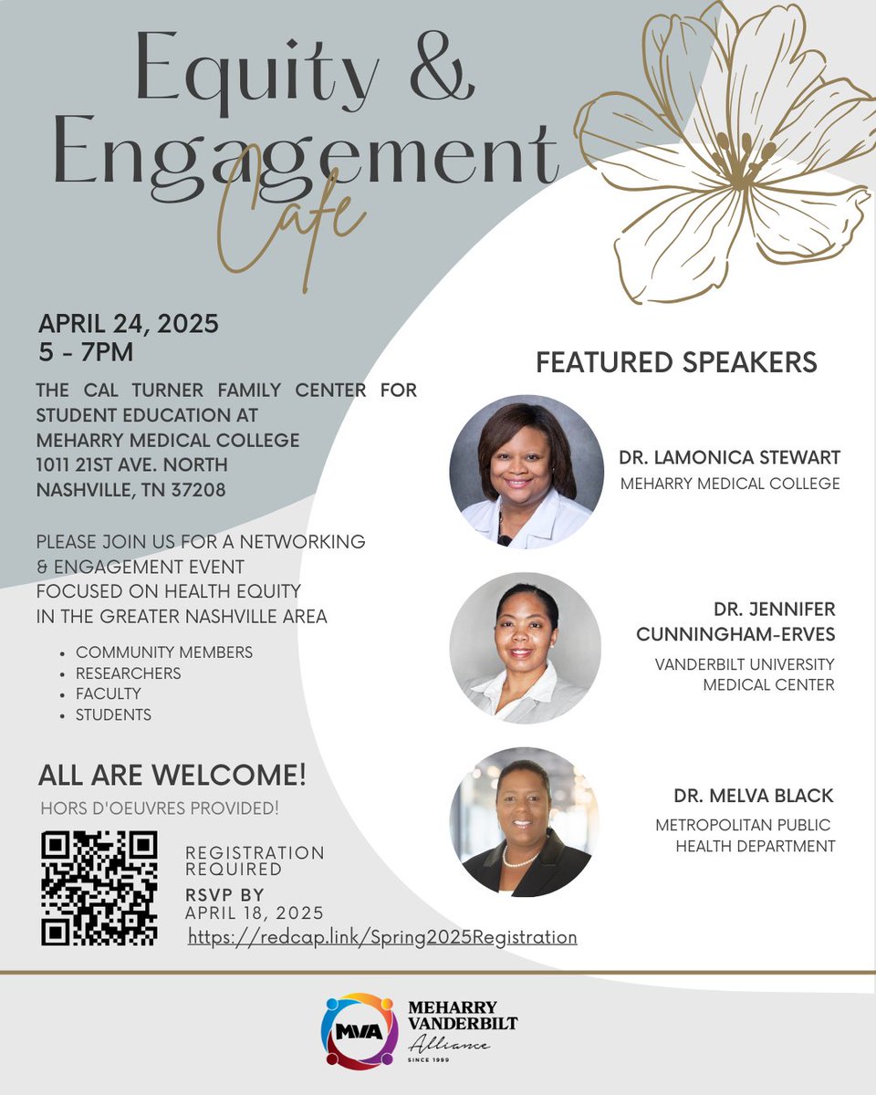 Join us at our Spring 2025 Equity &amp; Engagement Cafe! The evening will feature opportunities to network, learn, gain resources &amp; celebrate successes.

📅 Thursday, April 24
📍 Cal Turner, Meharry Medical College
⭐ Sign up HERE: bit.ly/3Do7HNc