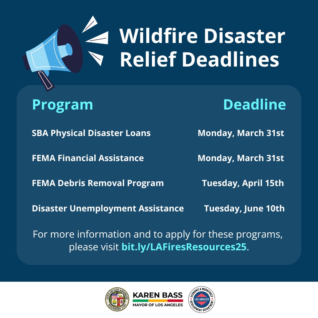 📢DEADLINES UPDATED for Wildfire Disaster Relief Programs!

For more information and to apply for these programs, visit bit.ly/LAFiresResourc….