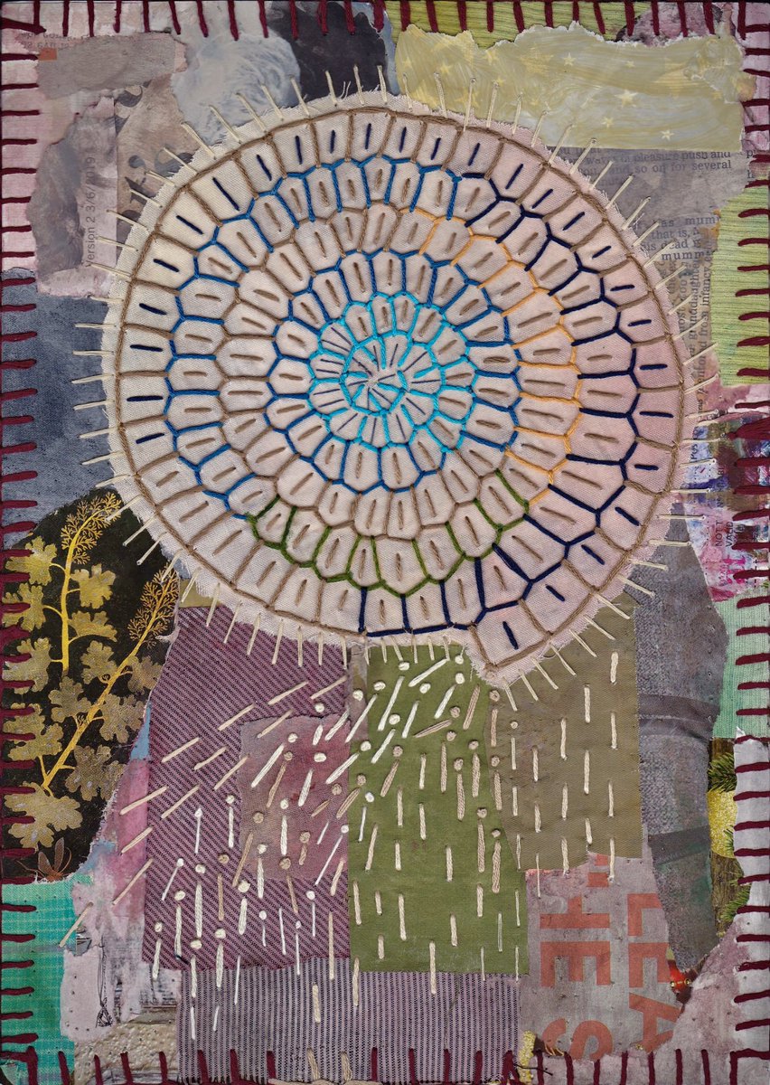 JoannaHartist's tweet image. “Fossil” -28.03.2024 

.. 

#textileart #embroideredart #stitchtherapy #slowstitching #paintedfabric #tornpapercollage #experimentalsewing #colourfulcollage #abstractart #fossilshape #primitiveembroidery #blanketstitch