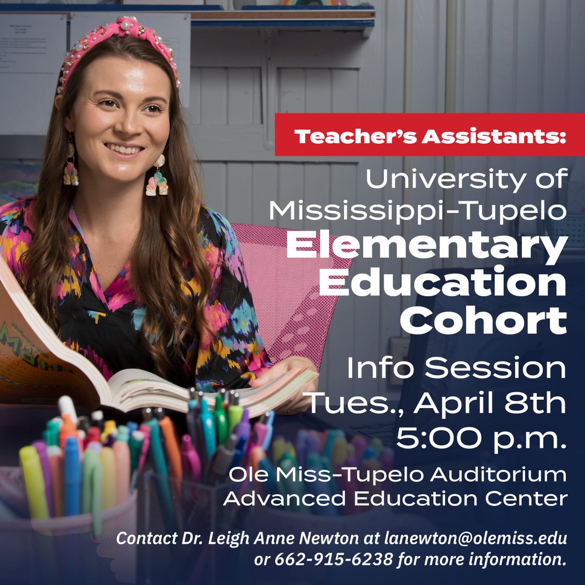 UMTupelo's tweet photo. Teacher's Assistants: Complete your degree while you work! 
Find out how at Ole Miss-Tupelo on April 8th at 5 p.m. 
RSVP for the event at https://t.co/0xAbuociAY https://t.co/Oq23oBFlW5