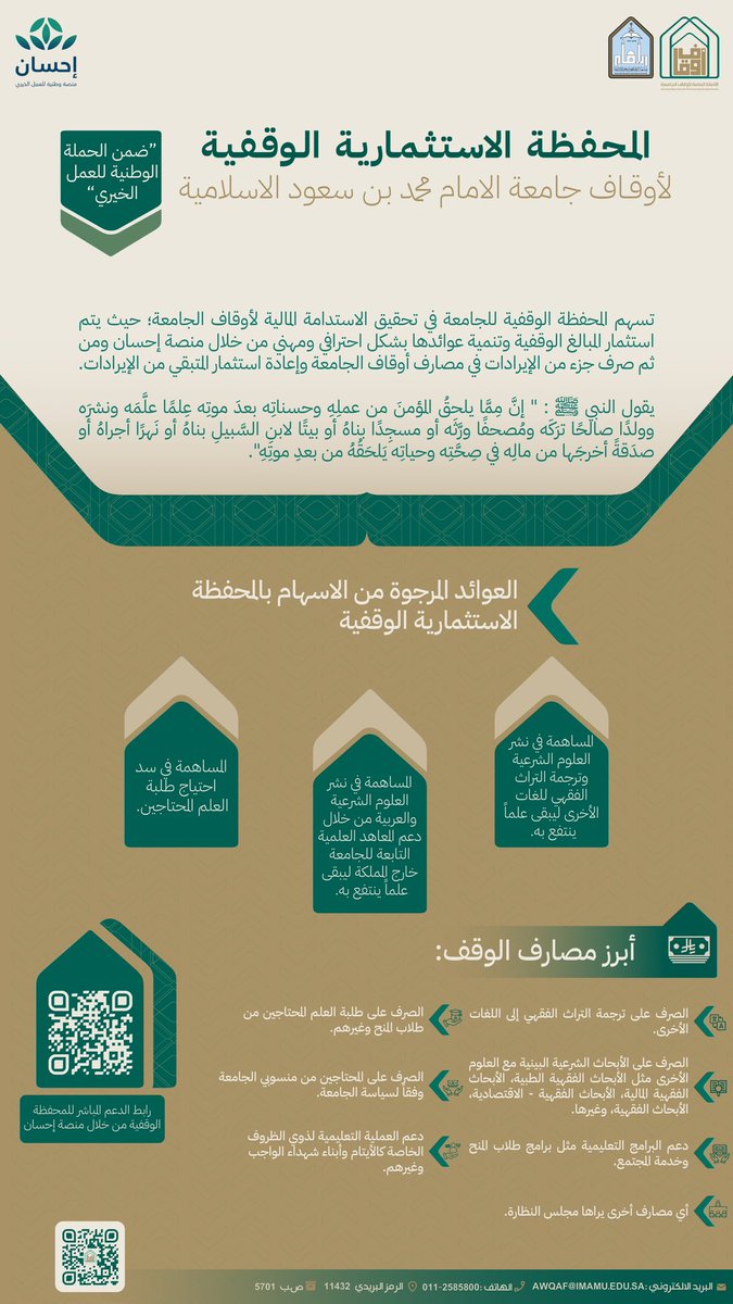 المحفظة الوقفية لـ #جامعة_الإمام تحقق الاستدامة المالية عبر استثمار المبالغ الوقفية، وتنمية عوائدها من خلال #منصة_إحسان
*العوائد المرجوة:
- المساهمة في نشر العلوم الشرعية، من خلال ترجمة التراث الفقهي للغات الأخرى ليبقى علمًا يُنتفع به.
- المساهمة في نشر العلوم الشرعية والعربية من