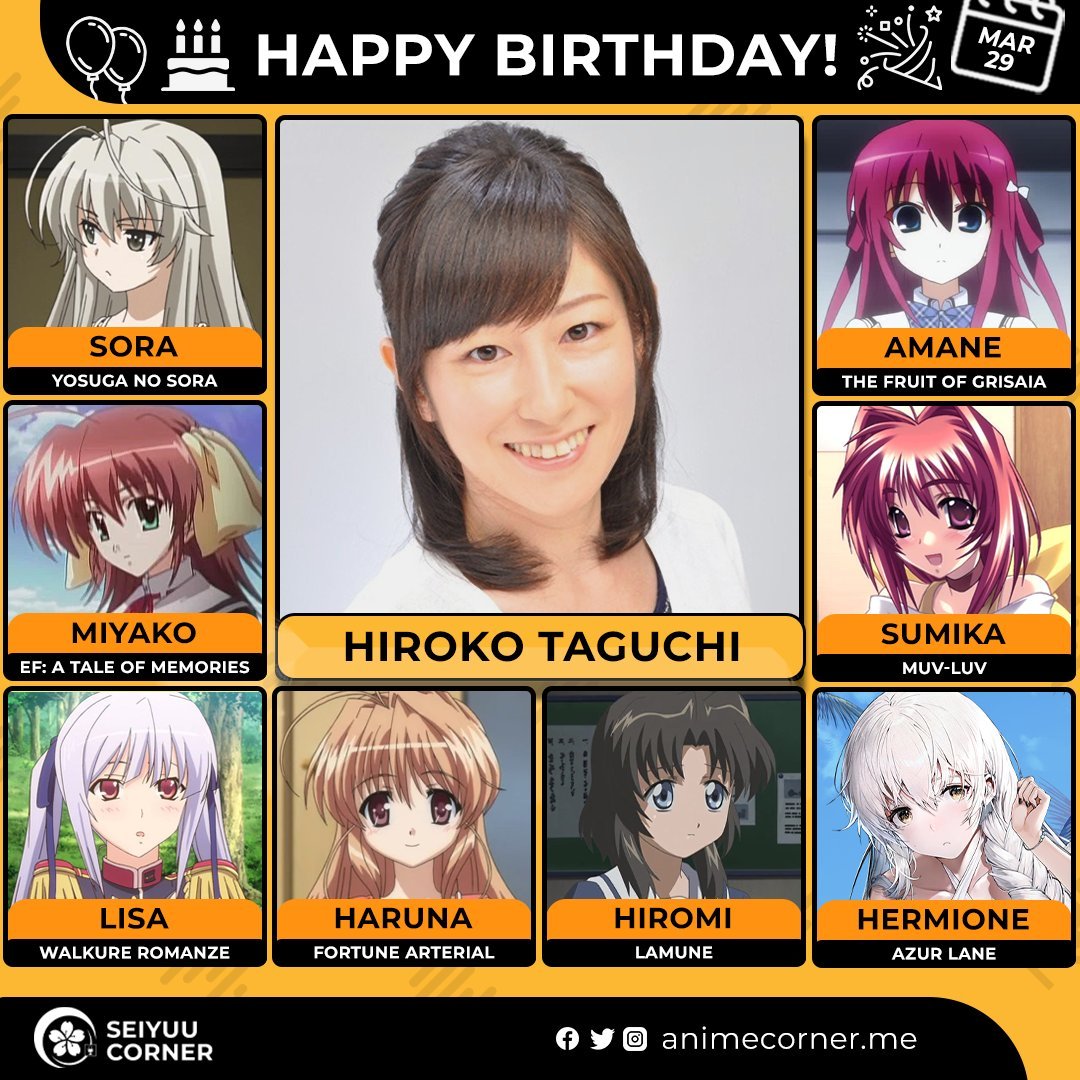 seiyuucorner's tweet photo. Happy 51st birthday Hiroko Taguchi!  🎉

Let's wish her all the best @_HIROKOCCUS_ 

#HirokoTaguchi #田口宏子 https://t.co/PcU1pC7Mzv