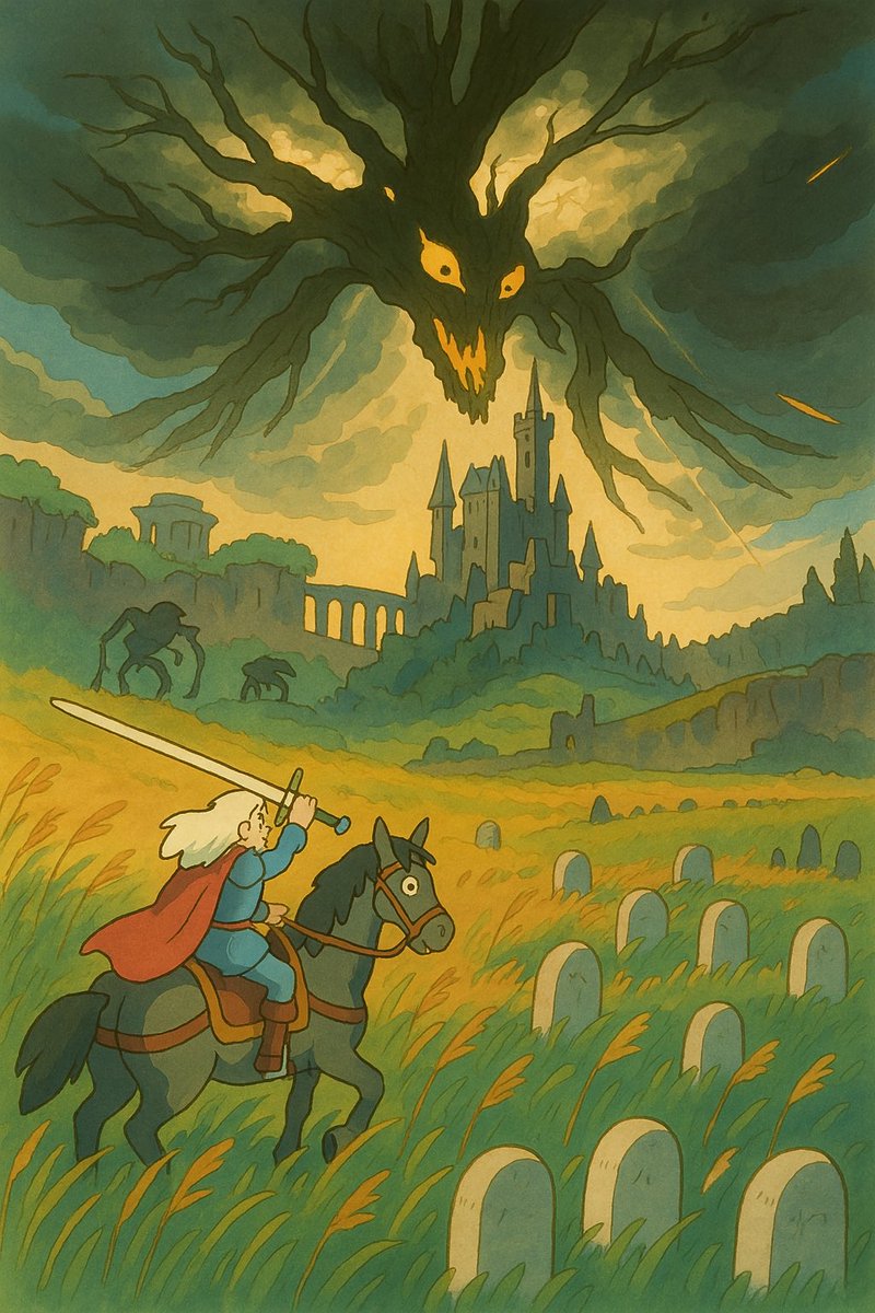 Rafid_Amin's tweet photo. When the worlds of Hidetaka Miyazaki (Elden Ring) and Hayao Miyazaki (Studio Ghibli) collide—magic happens! Sure, the Miyazakis might raise an eyebrow at AI-made art, but who can resist seeing their favorite dark fantasy meets whimsical anime dreams come alive?🤖🖼️ https://t.co/sZsGxbm0Ye