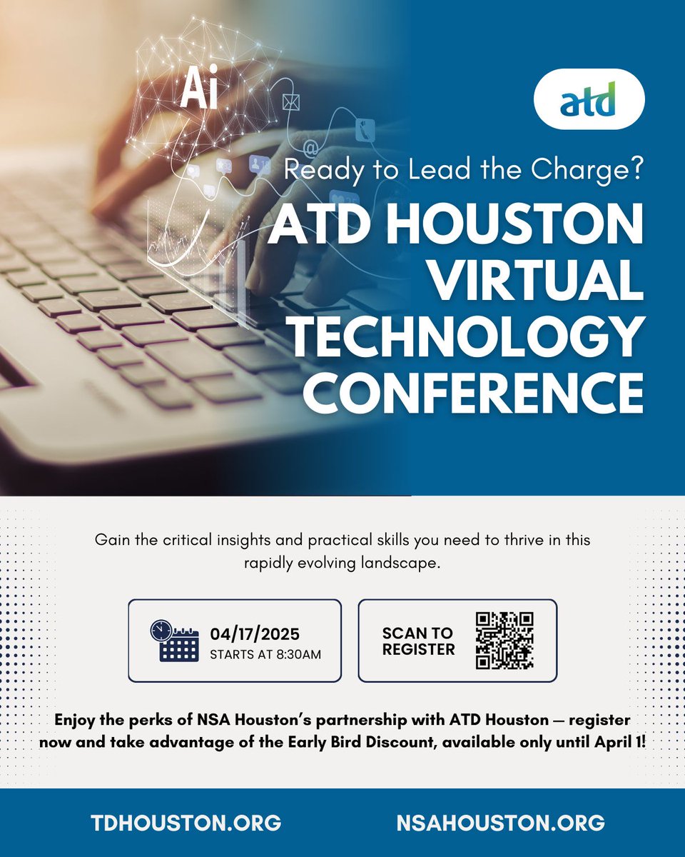 houston_nsa's tweet image. 🚨 #NSAHouston x #ATDHouston present:
Virtual Tech Conference | Apr 17, 2025
💡 AI, immersive tech, data &amp;amp; the future of L&amp;amp;D
🎤 Keynote speakers + insights
🕣 8:30 AM–4:15 PM CDT | 💻 Zoom
💥 Early bird for NSA Houston thru Apr 1!
🔗 buff.ly/sdtkjwQ
#LearningTech #AIinLD