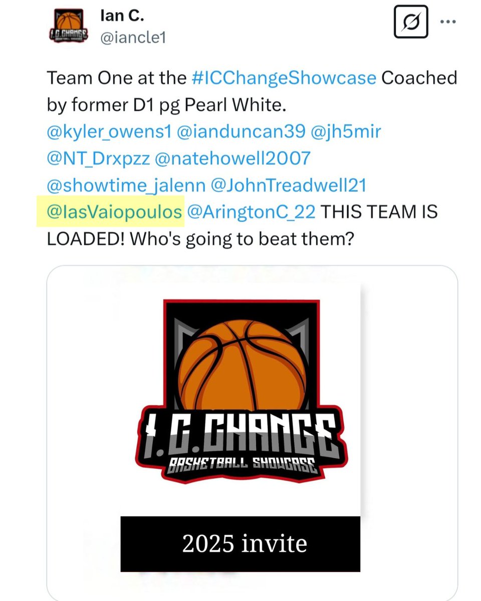 Iasonas Vaiopoulos 🏀 C/O 2027 (@iasvaiopoulos) on Twitter photo Pumped to announce I’ll be at the ICCHANGE SHOWCASE on 06/14 Grateful for the opportunity! <a href="/iancle1/">Ian C.</a> <a href="/Uorangemen2/">Coach Davis Sr, 25yrs plus experience</a>
<a href="/HankampScott/">Scott Hankamp</a> <a href="/One11Hoops/">One11 Hoops</a> <a href="/raj_manjrekar/">🏈🏀🎾Highlight_TheAthlete ⚾️🥎⚽️</a> <a href="/cody_thom33/">Cody Thomas</a> <a href="/HoopsRecruitUSA/">HoopsRecruitUSA</a>
<a href="/RatedAthlete/">Rated Athlete</a> <a href="/DinoCook7/">Dino Cook</a> <a href="/cody_thom33/">Cody Thomas</a> <a href="/W3KNOWBALL/">The Ball Street Journal</a>
<a href="/FastbreakHoops5/">Fastbreak Hoops</a>
<a href="/FFBAcademy1/">Footwork Factory Basketball Academy</a> <a href="/KevinMoses38/">Kevin Moses LLC</a> Pumped to announce I’ll be at the ICCHANGE SHOWCASE on 06/14 Grateful for the opportunity! <a href="/iancle1/">Ian C.</a> <a href="/Uorangemen2/">Coach Davis Sr, 25yrs plus experience</a>
<a href="/HankampScott/">Scott Hankamp</a> <a href="/One11Hoops/">One11 Hoops</a> <a href="/raj_manjrekar/">🏈🏀🎾Highlight_TheAthlete ⚾️🥎⚽️</a> <a href="/cody_thom33/">Cody Thomas</a> <a href="/HoopsRecruitUSA/">HoopsRecruitUSA</a>
<a href="/RatedAthlete/">Rated Athlete</a> <a href="/DinoCook7/">Dino Cook</a> <a href="/cody_thom33/">Cody Thomas</a> <a href="/W3KNOWBALL/">The Ball Street Journal</a>
<a href="/FastbreakHoops5/">Fastbreak Hoops</a>
<a href="/FFBAcademy1/">Footwork Factory Basketball Academy</a> <a href="/KevinMoses38/">Kevin Moses LLC</a>