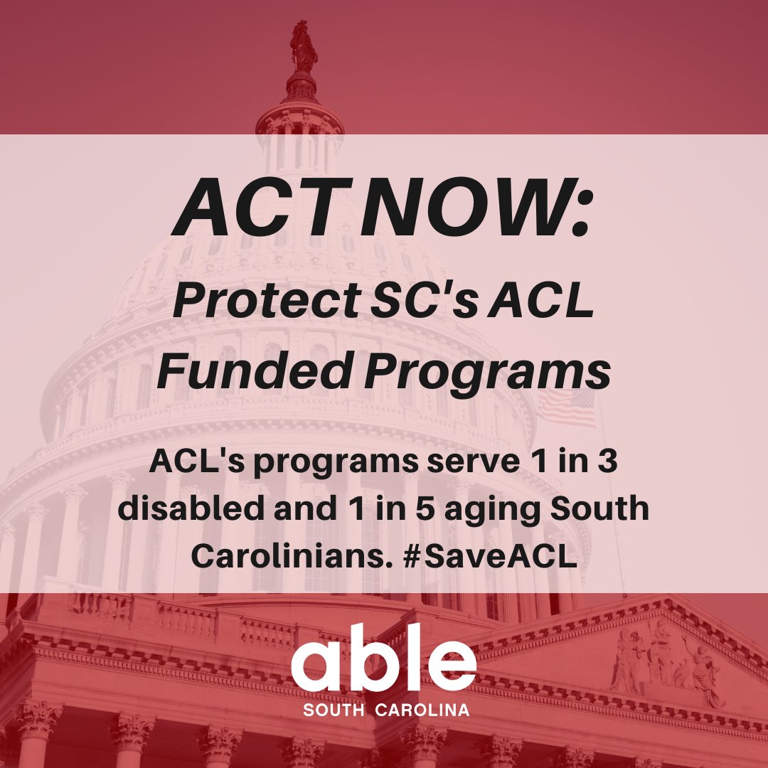 ACT NOW! ACL's programs serve1 in 3 disabled and 1 in 5 aging South Carolinians: support that lets people remain in their homes and communities, avoiding institutionalization and saving taxpayers money. #SaveACL
ablesouthcarolina.salsalabs.org/aclthreatmarch…