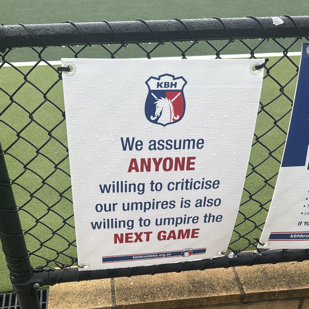 HockeyAustralia's tweet photo. Spotted this great sign at KBH Brumbies this morning, a simple but powerful reminder that respect for our umpires is non-negotiable. Creating safe, fair, and respectful environments starts with all of us.

Let’s keep building a positive hockey culture together!

#RespectOfficials https://t.co/p8qLkp4qKM