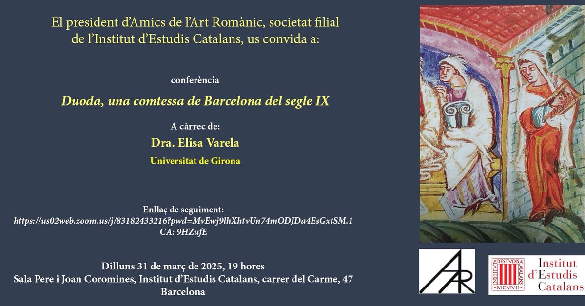 El proper dilluns, la Dra. Elisa Varela (UdG), impartirà la conferència «Duoda, una comtessa de Barcelona del segle IX»
Us hi esperem. També la podreu seguir on-line.