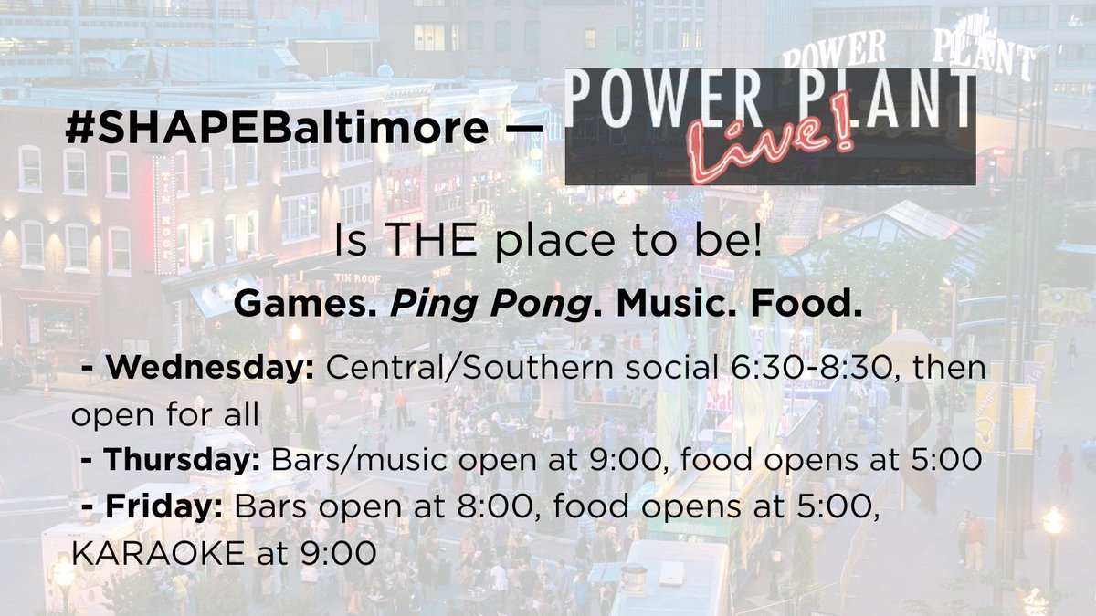 MeMe Ratliff (@meme3rat) on Twitter photo SPREAD THE WORD: Heading to #SHAPEBaltimore for the <a href="/SHAPEAmerica/">SHAPE America</a> convention? Come hang with me and all your #physed and #healthed peeps at <a href="/POWERPLANTLIVE/">Power Plant Live!</a>!
They will even have #Pingpong tables! SPREAD THE WORD: Heading to #SHAPEBaltimore for the <a href="/SHAPEAmerica/">SHAPE America</a> convention? Come hang with me and all your #physed and #healthed peeps at <a href="/POWERPLANTLIVE/">Power Plant Live!</a>!
They will even have #Pingpong tables!