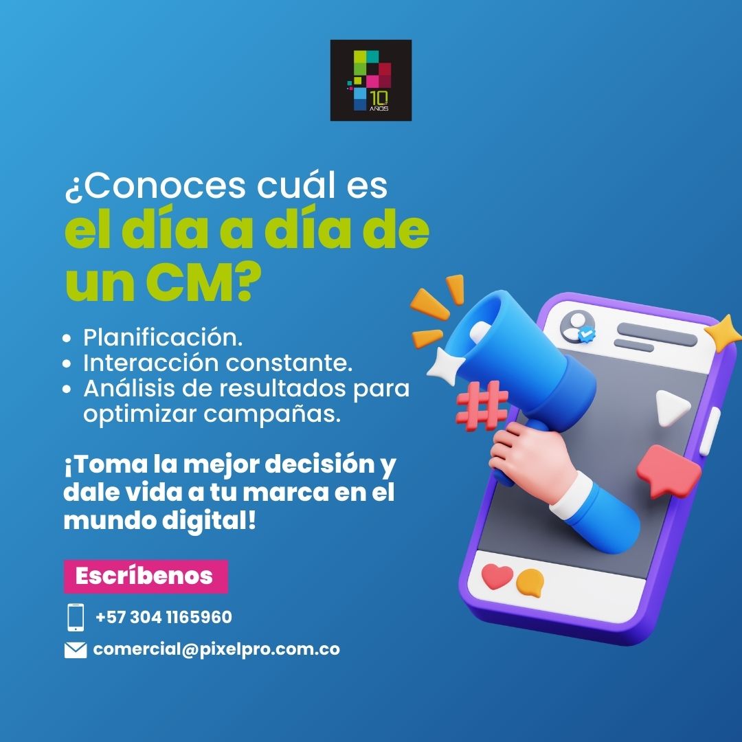 Con nuestro servicio de #CommunityManager podrás gestionar tus rrss, personalizar tu marca, manejar tus posts, mensajes y más. Los CM's:
🌟 Aumentan tu visibilidad.
💬 Fomentan relaciones.
📈 Mejoran tu reputación.
📲Escríbenos: pixelpro.com.co/marketing-digi…
#PymesColombia #Web #SEO