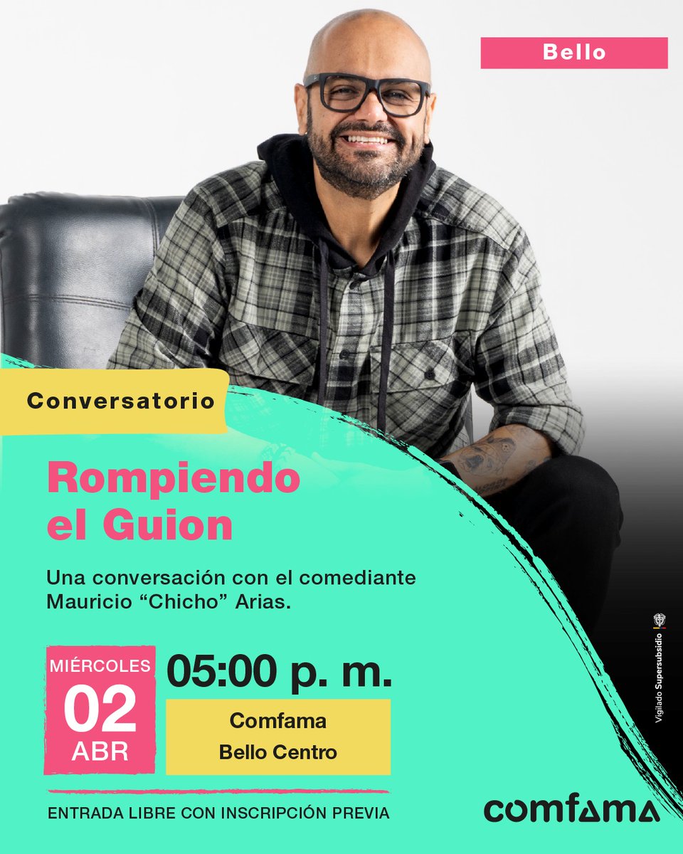 ¡Recomendamos!
El miércoles 2 de abril en Comfama Bello Centro, a las 5 p.m. estará como invitado en ¡Rompiendo el guión! de <a href="/Comfama/">Comfama</a>, el gran <a href="/chichoariasr/">Chicho Arias</a>, comediante, presentador, periodista y hasta cocinero de la tv nacional. ¿Nos vemos allá?.