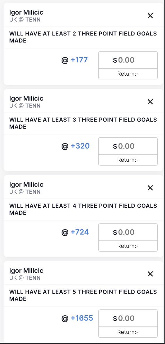 Igor Milicic 3s 🪜 

Free play from the discord! Make sure you lock this in before tipoff. Join the free discord to stop missing out! #MarchMadness 
discord.gg/YgxYuCEN
Prop Builder Pictured
.6u
.25u
.1u
.1u