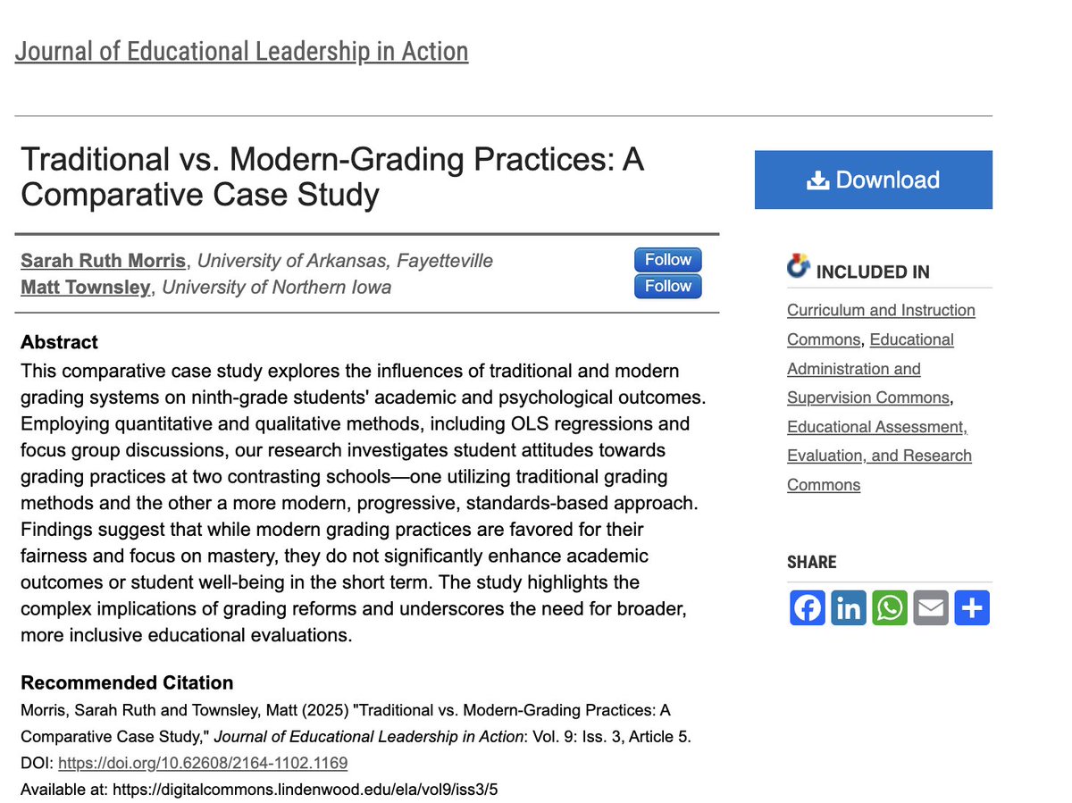 From our latest comparative case study #PeerReviewed research: 

9th grade students favor modern grading practices for their fairness and focus on mastery.

PDF:  digitalcommons.lindenwood.edu/ela/vol9/iss3/…