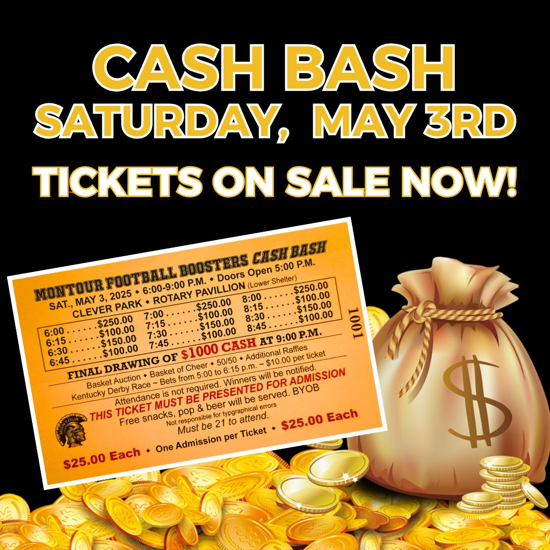 💰REMINDER: Our annual Cash Bash Fundraiser is only a little over a month away!

🎟️ Tickets are $25 and you do not have to be present to win!

💵 To purchase, contact a Middle or High School football player OR message @kristen_stern. 

🏈 Thanks everyone for your support!

🖤💛