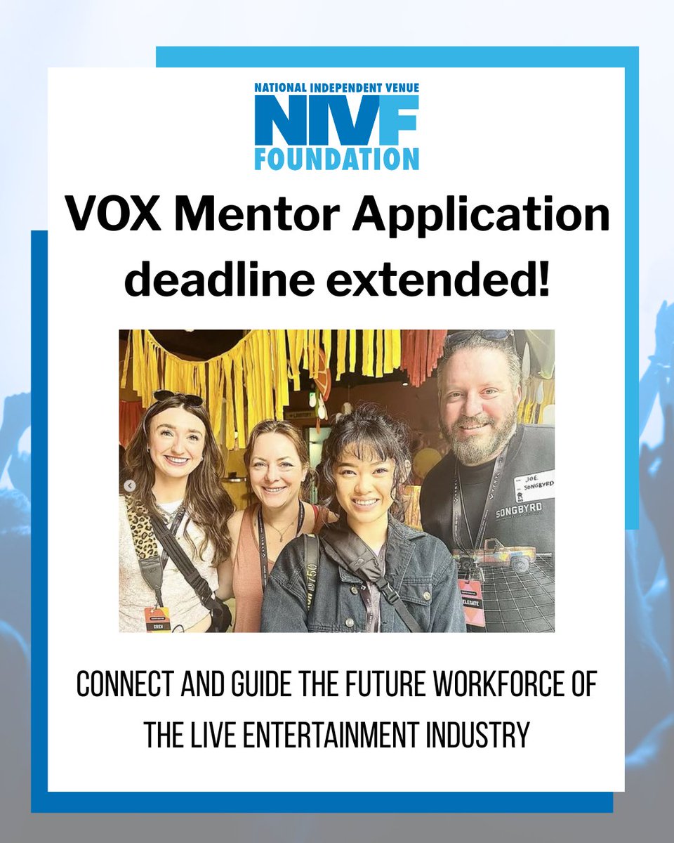 The Venue Operations eXperience (VOX) program is looking for experienced professionals with a background in venue Production or Digital Marketing.

Applications are accepted February 3 - April 18, 2025, for the Summer 2025 cohort.
Apply here nivf.org/vox