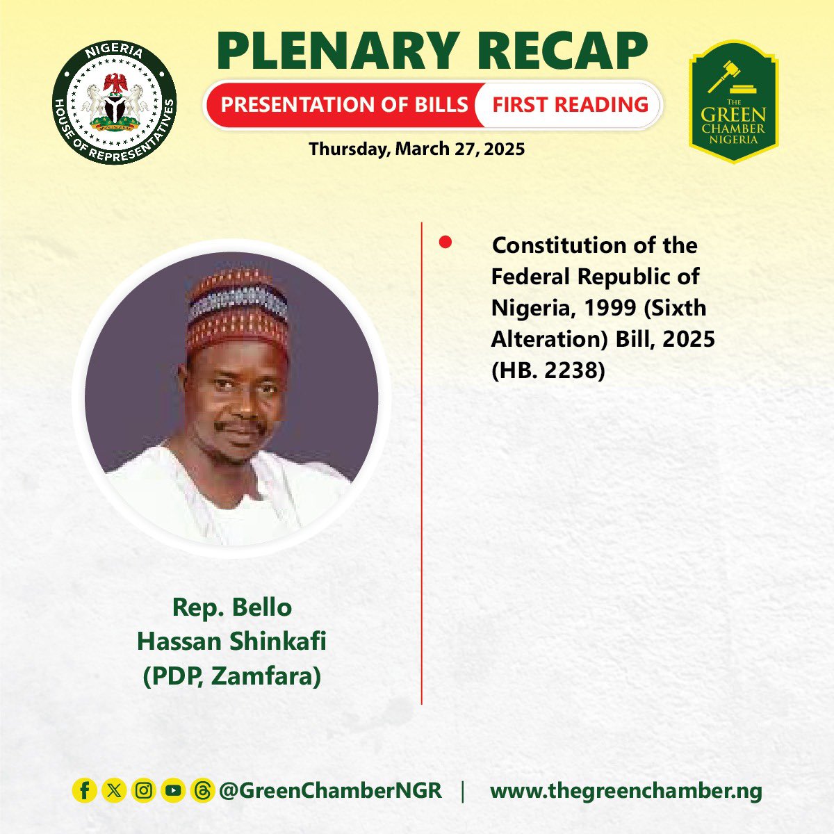 HouseNGR's tweet photo. Presentation of Bills (First Reading)
Thursday, March 27, 2025
#HouseNGR #ConstitutionReview #FirstReadingBills #BillsPresentation https://t.co/vpgMTt4uXL