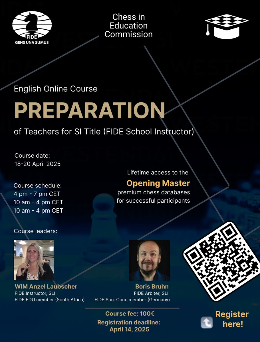 FIDE Chess in Education (@fideschoolchess) on Twitter photo Save the dates: ๐๐ฉ๐ซ๐ข๐ฅ ๐๐-๐๐, ๐๐๐๐, for our 24th edition of the "Preparation of Teachers" course โ a golden opportunity to become a ๐๐๐ซ๐ญ๐ข๐๐ข๐๐ ๐
๐๐๐ ๐๐๐ก๐จ๐จ๐ฅ ๐๐ง๐ฌ๐ญ๐ซ๐ฎ๐๐ญ๐จ๐ซ!
Secure your spot by registering here:
cloud.fide.com/s/8R6y2MDeL5eDโฆ Save the dates: ๐๐ฉ๐ซ๐ข๐ฅ ๐๐-๐๐, ๐๐๐๐, for our 24th edition of the "Preparation of Teachers" course โ a golden opportunity to become a ๐๐๐ซ๐ญ๐ข๐๐ข๐๐ ๐
๐๐๐ ๐๐๐ก๐จ๐จ๐ฅ ๐๐ง๐ฌ๐ญ๐ซ๐ฎ๐๐ญ๐จ๐ซ!
Secure your spot by registering here:
cloud.fide.com/s/8R6y2MDeL5eDโฆ