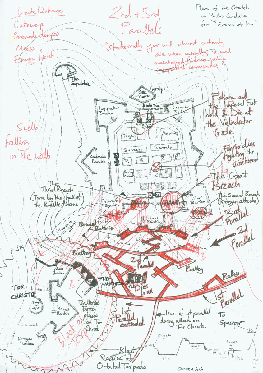GrahamMcNeill's tweet photo. Managed to find the maps I drew for Storm of Iron, both of which were integral to planning &amp; writing the novel. The 1st shows the initial setup of the Iron Warriors siege-lines, the 2nd shows the progression of the battle, together with my scribbles. I'll see if I can find more. https://t.co/SZRUpMkpJB