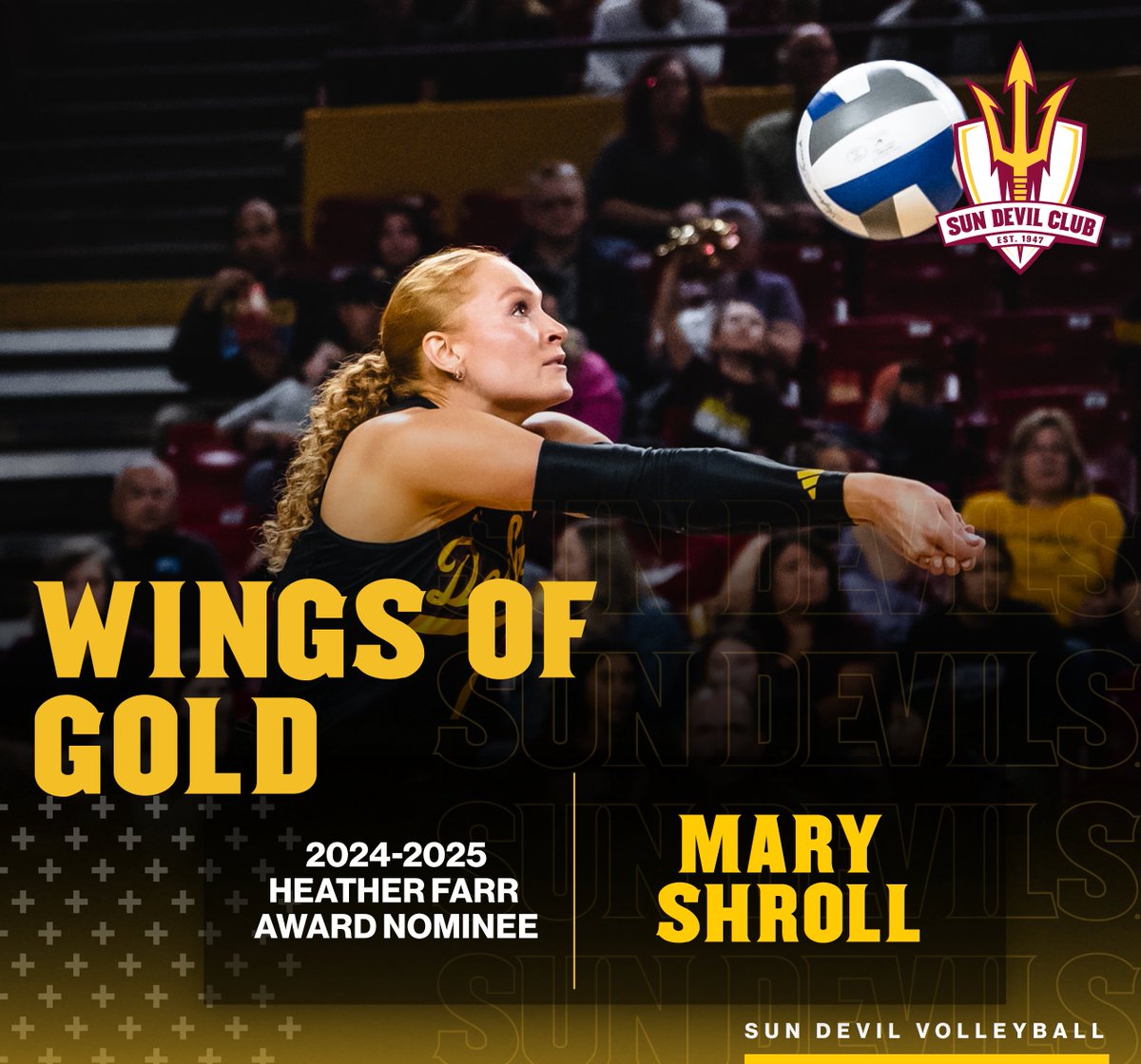 Sun Devil Club (@sundevilclub) on Twitter photo 3️⃣ days until Wings of Gold and our next Heather Farr Award nominee is Mary Shroll of <a href="/SunDevilVB/">Sun Devil Volleyball</a>! Congratulations, Mary! ✨🔱
Join us on Monday night to celebrate ASU's female student-athletes! Registration is still open at: eventbrite.com/e/wings-of-gol… 3️⃣ days until Wings of Gold and our next Heather Farr Award nominee is Mary Shroll of <a href="/SunDevilVB/">Sun Devil Volleyball</a>! Congratulations, Mary! ✨🔱
Join us on Monday night to celebrate ASU's female student-athletes! Registration is still open at: eventbrite.com/e/wings-of-gol…