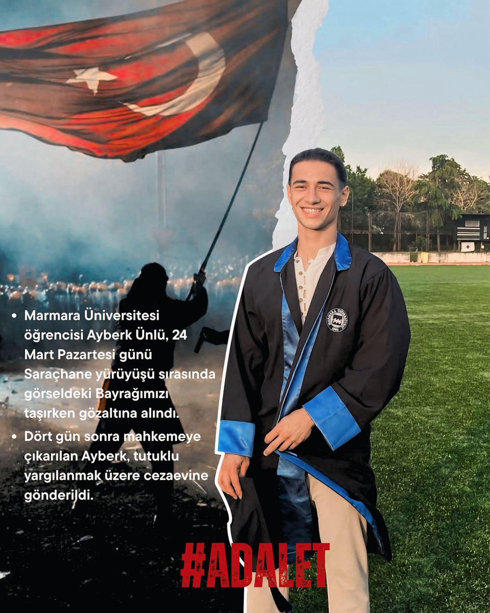 fotograftaki bayrağımızı taşıyan Ayberk Ünlü dört gün gözaltında kaldıktan sonra tutuklu yargılanmak üzere cezaevine gönderildi anayasal hakkını kullanan arkadaşlarımızı serbest bırakın hukuku bir araç olarak kullanmayın