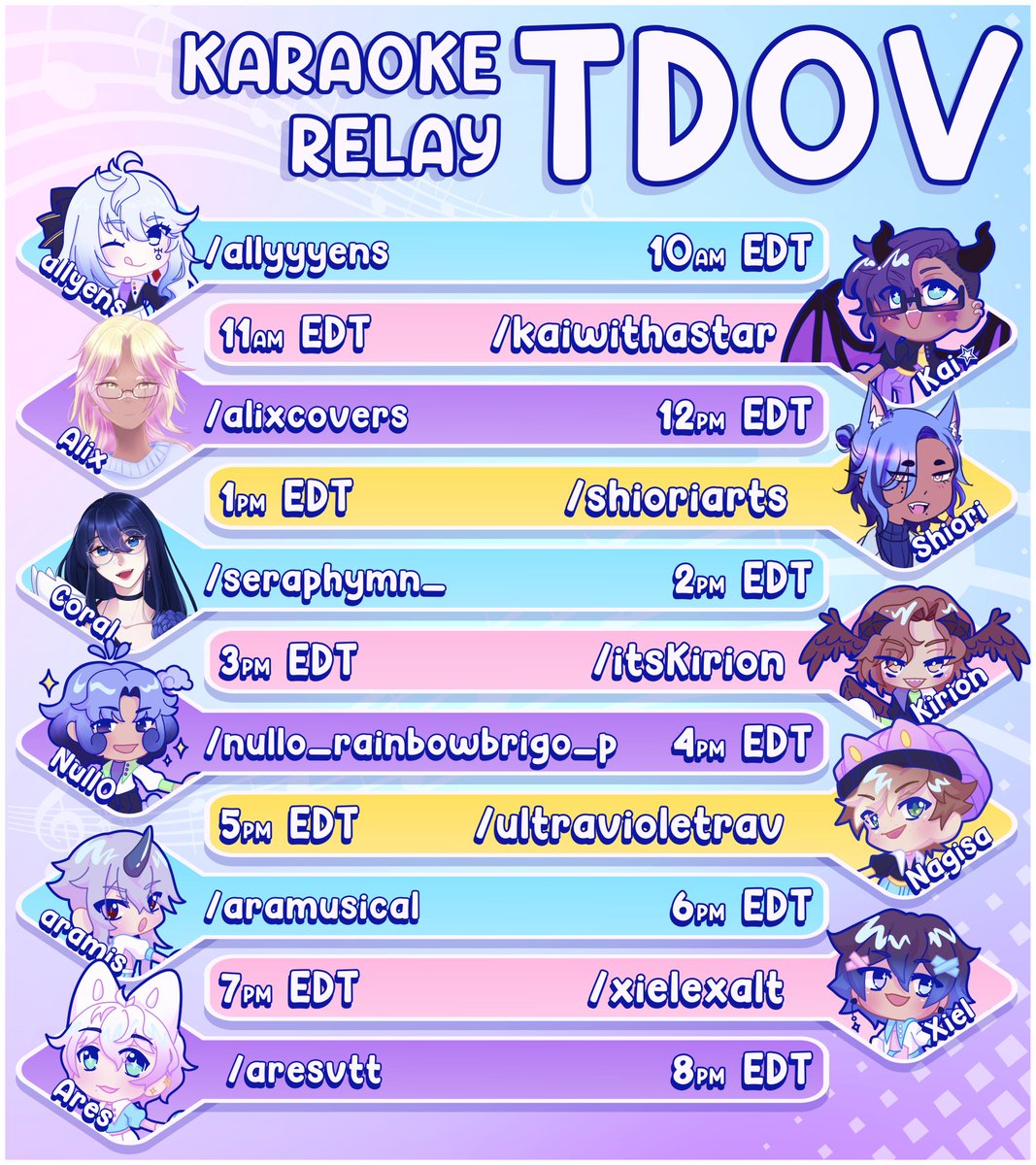 kaiwithastar's tweet photo. 📢 TDOV Karaoke Relay

Trans Day of Visibility is coming up this Monday, and this year we've put together a karaoke relay event in place of our usual chorus!

Starting from 10am EDT we have 11 streamers who will be singing in succession until 8pm EDT! We hope to see you there ✨ https://t.co/pP7XXJKewT