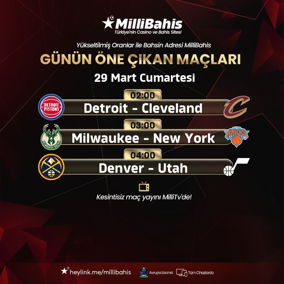 🏀Günün Öne Çıkan NBA Karşılaşmaları #MilliBahis'te!

🦁 Tahminlerinizi yapın, kazançlarınızı artırın! 

🏀Basketbol Heyecanı Millibahis'te Yaşanır!

⛓️t2m.io/millibahis