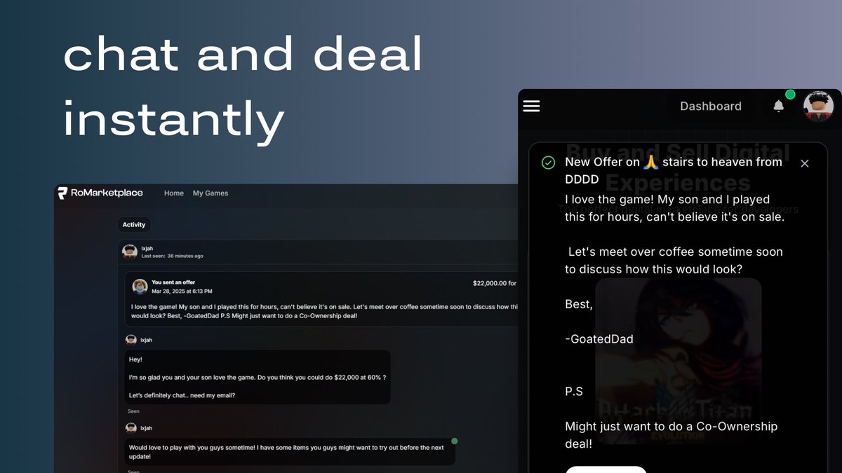 Tired of playing telephone with deals? 📞
Worried you’re not even talking to the real seller? 😟

RoMarketplace keeps it simple:

No redirecting. No weird strangers. Just direct, safe negotiation all in one spot.

Join our discord for more info on nearing Beta! Discord in bio