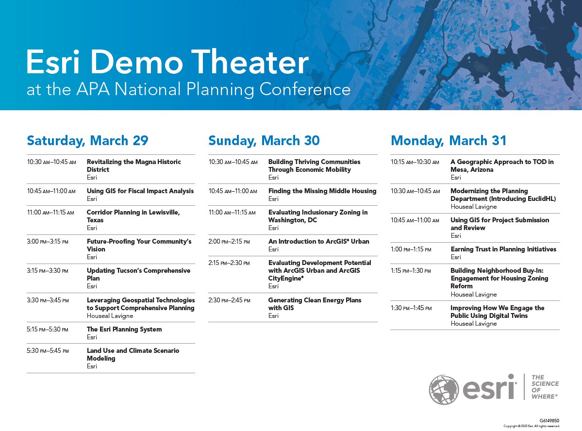 Tomorrow kicks off #NPC25 &amp; we can't wait. 
Come by the @esri booth for:
1. Our demo theater. 15 min. lightning talks. Short. Sweet. To the point.
2. A free infographic of your community you can claim you made yourself. We won't tell. 
3. Meet with our planning &amp; #GIS experts!