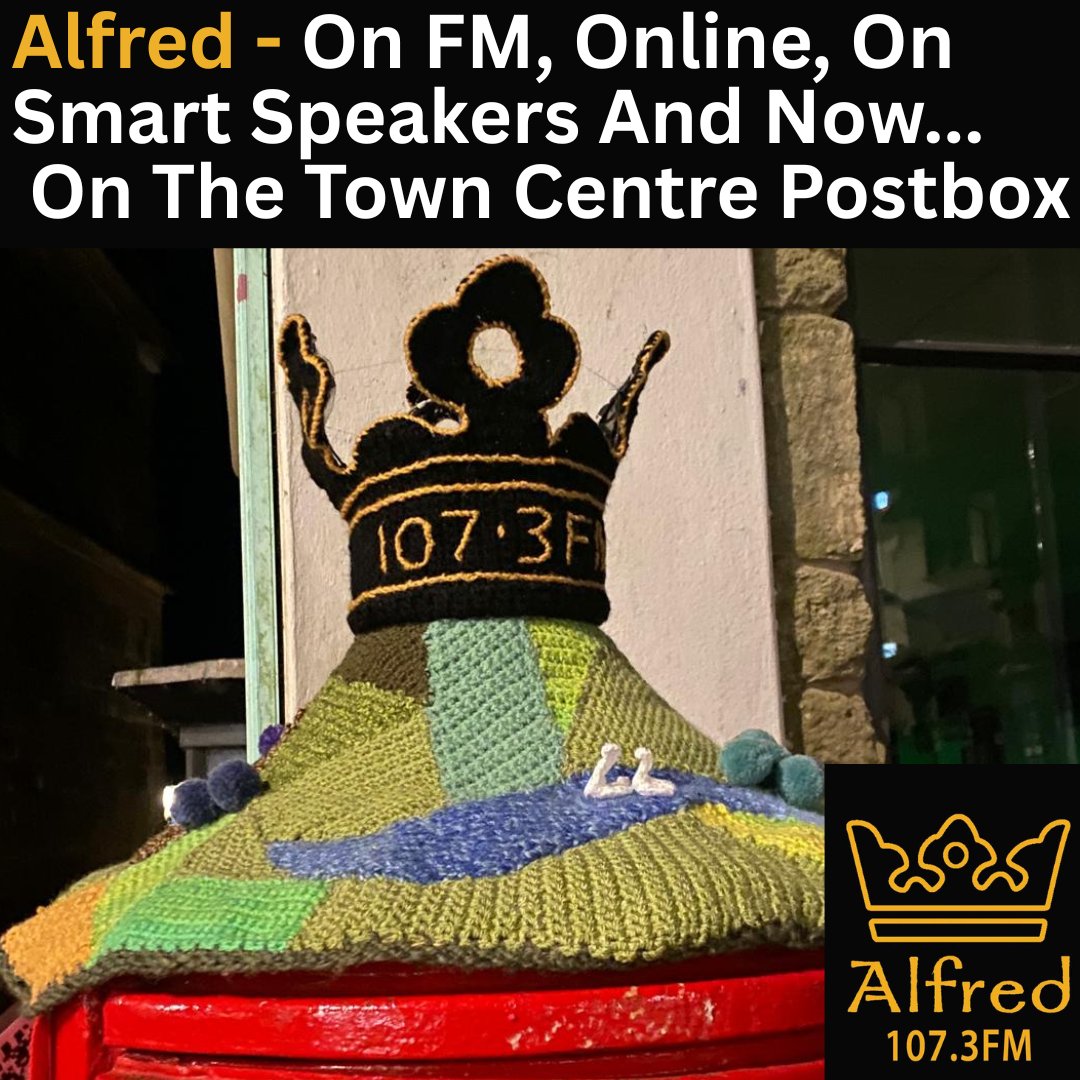 Every month, Elizabeth Hazelwood's creative crochet or knitting portrays a different aspect of Shaftesbury life. We're delighted that Alfred 107.3 FM is the subject of the April postbox topper, which is on the pillar box in the town centre.