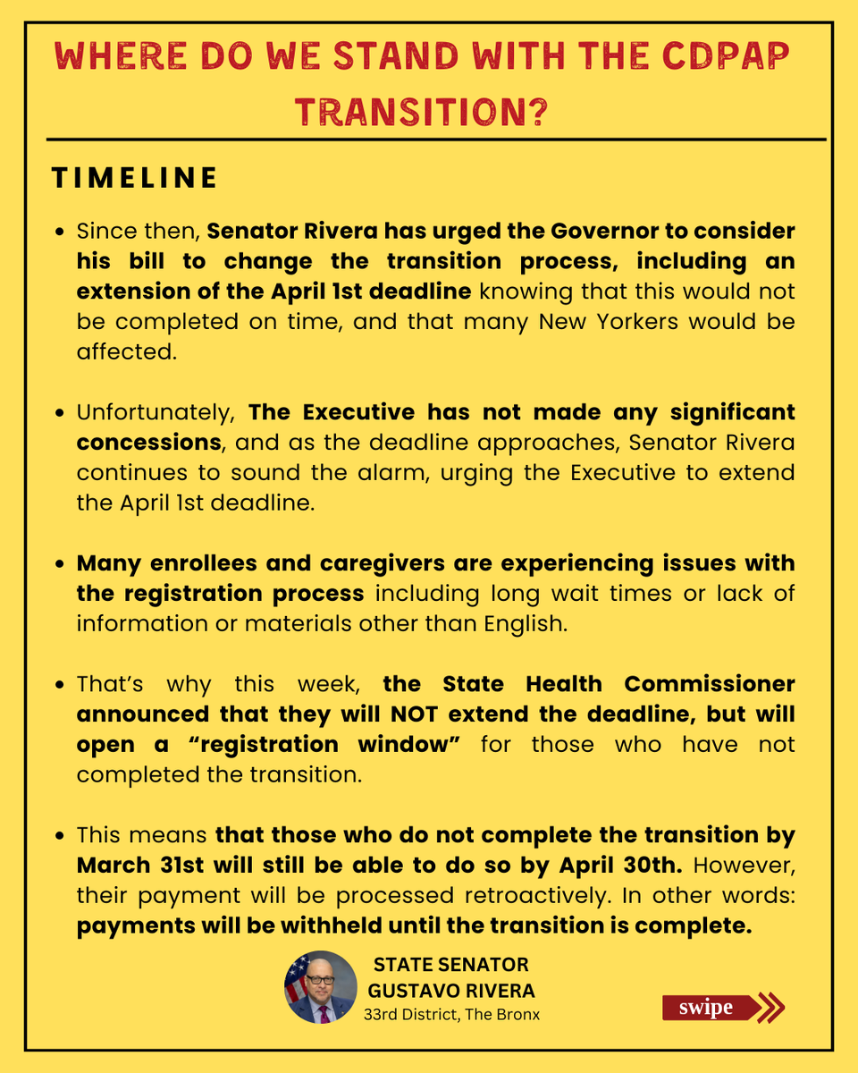 I understand the challenges many enrollees and caregivers are facing with the CDPAP transition process. While I continue working to convince the Governor to extend the deadline, it’s crucial to complete the transition as soon as possible through PPL.  1/2