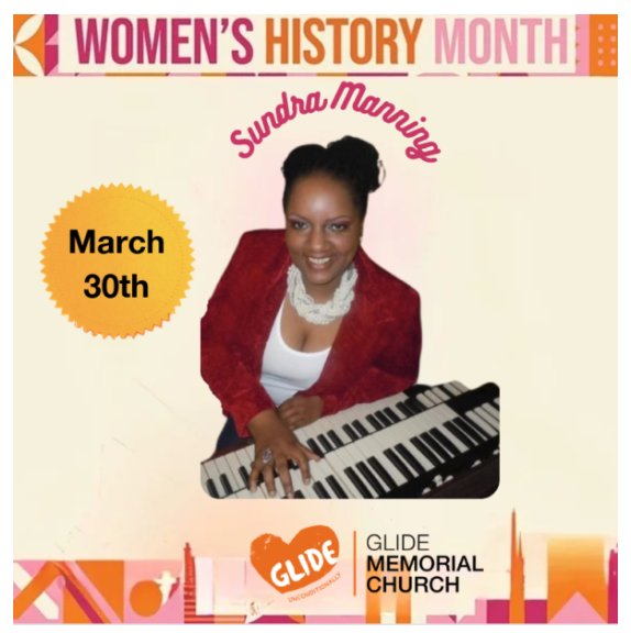 GlideChurch's tweet image. Sundra Manning is a force. Her music speaks before she even hits a key.  This Sunday, she's bringing that magic to Glide Memorial Church as we wrap up Women's Futures Month.
This is your chance to feel it: 9 AM or 11 AM. Don't miss it. #GlideChurch