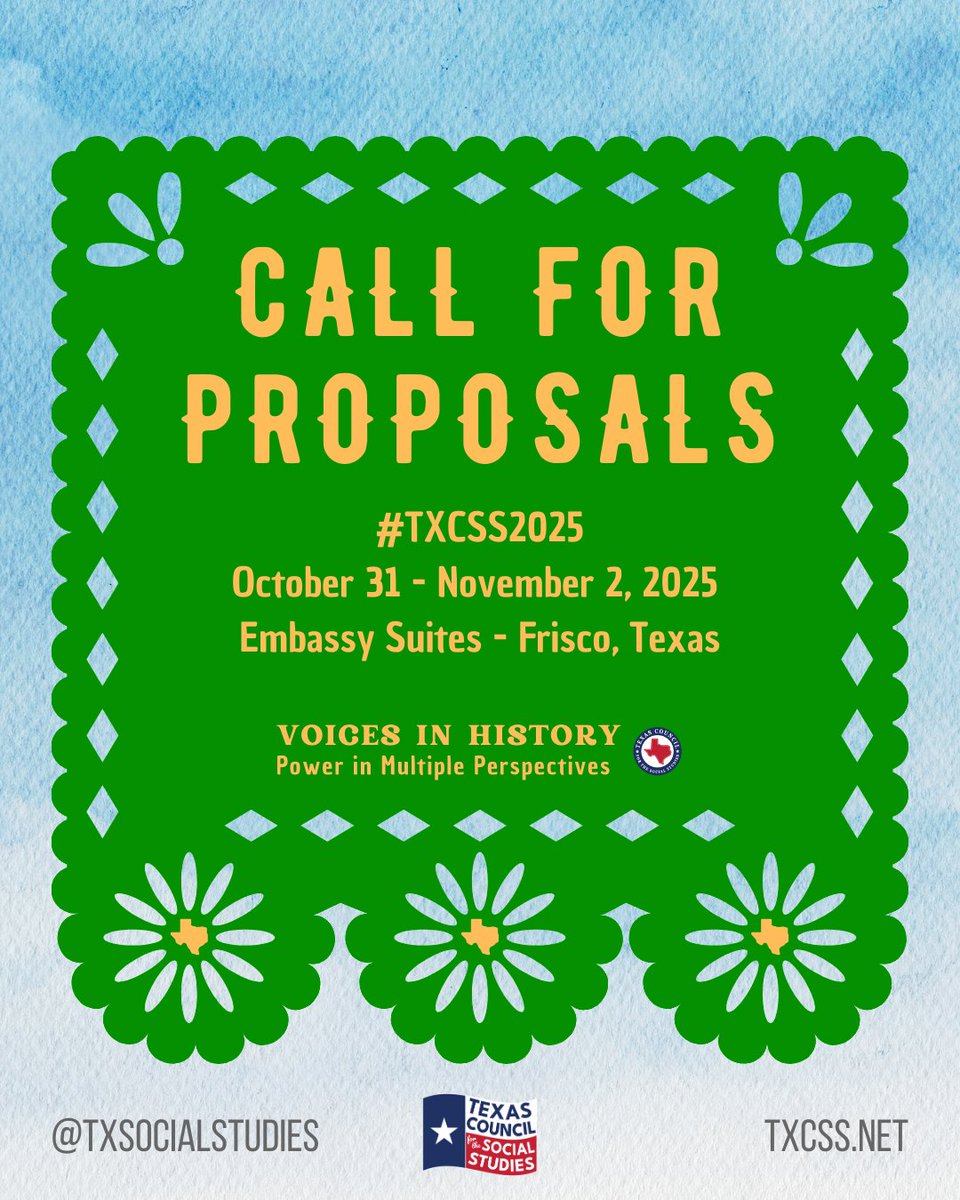 🎉 The Call for Presentations is OPEN for #TXCSS2025 Conference Oct 31 - Nov 2! 🌟 This year’s theme: "Voices in History" – celebrating the diverse perspectives that have shaped our world. Submit your proposals today! 🔗txcss.net/conference   #VoicesInHistory