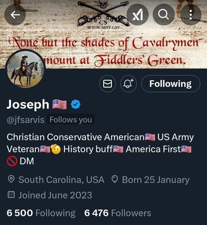 PatriotDave77's tweet photo. Small account boost:

🇺🇸 @jfsarvis 🇺🇸

This Army Veteran likes to support others by reposting and engaging. Let's help him get to 7k. https://t.co/p5tKFGGllc