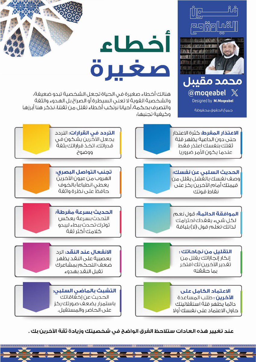 Moqeabel's tweet photo. #أخطاء_صغيرة في الحياة تجعل الشخصية تبدو ضعيفة،والشخصية القوية لا تعني السيطرة أو الصراخ بل الهدوء والثقة والتصرف بحكمة، أحيانا نرتكب أخطاء تقلل من ثقتنا، نذكر هنا أبرزها وكيفية تجنبها: https://t.co/Cr1LECevh6
