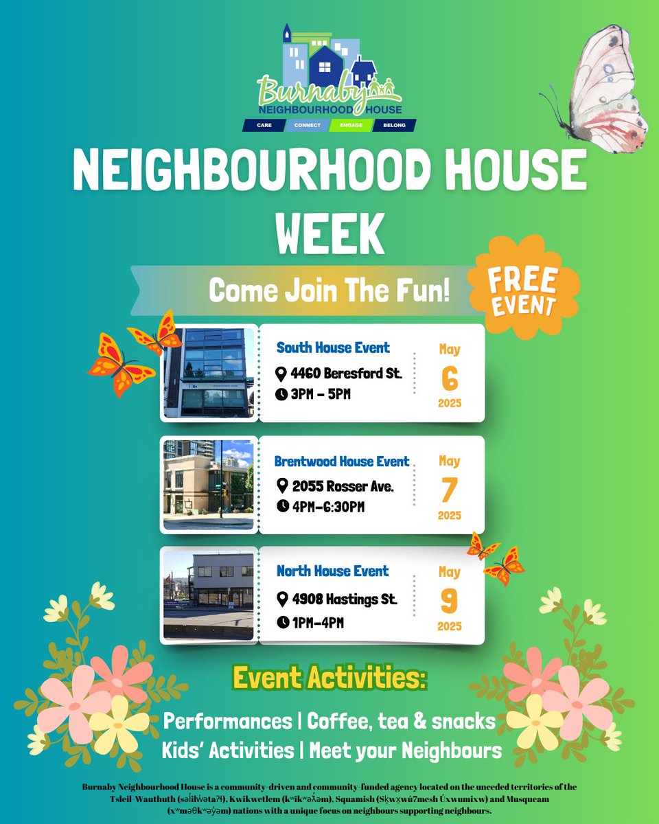 🎉 It's Neighboring Time! 🎉

In  honor of Neighbourhood House Week this year, we're hosting drop-in  events at all 3 of our locations, and we'd love for YOU to be part of  it! 🙌

📅Mark your calendars and join the fun!

#WeAreNeighbours  #BurnabyNH #BNH #NeighbourhoodHouseWeek