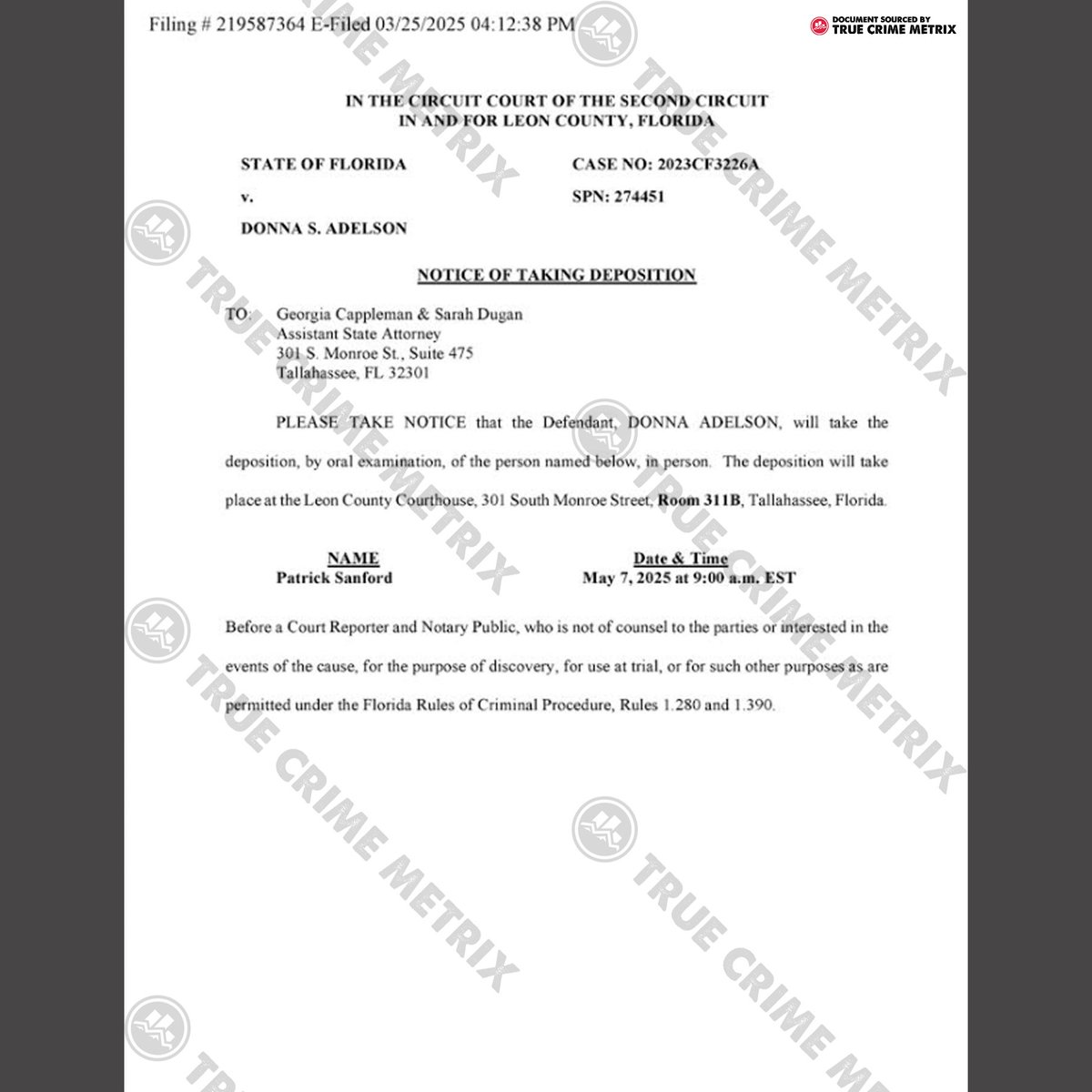 Donna's defense team to taake in-person deposition of Pat Sanford on May 7, 2025.  #DonnaAdelson #JusticeForDanMarkel