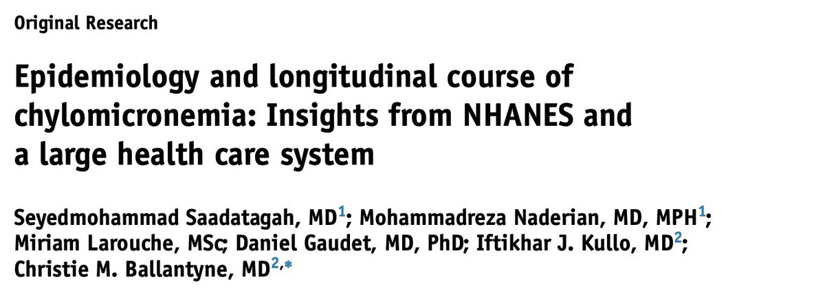 Mohammad Saadatagah (@smsaadatagah) on Twitter photo What could be better? We just published two #TG papers on National Triglycerides Day!
Let's start with:
Epidemiology and Longitudinal Course of Chylomicronemia: Insights from NHANES and a Large Health Care System in <a href="/LipidJournal/">Journal of Clinical Lipidology</a> by <a href="/nationallipid/">National Lipid Association</a>
sciencedirect.com/science/articl… What could be better? We just published two #TG papers on National Triglycerides Day!
Let's start with:
Epidemiology and Longitudinal Course of Chylomicronemia: Insights from NHANES and a Large Health Care System in <a href="/LipidJournal/">Journal of Clinical Lipidology</a> by <a href="/nationallipid/">National Lipid Association</a>
sciencedirect.com/science/articl…