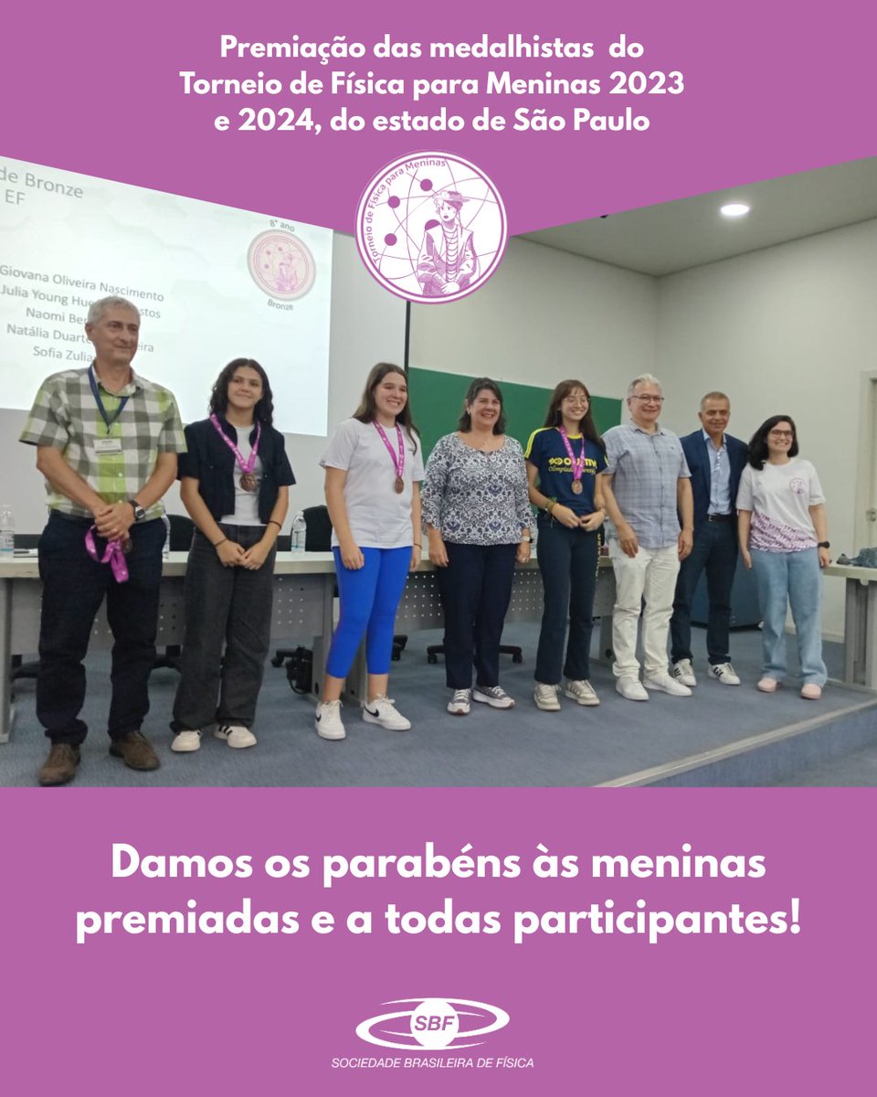 A SBF esteve presente na premiação das medalhistas do Torneio de Física para Meninas, edição 2023 e 2024, do estado de São Paulo.

Parabéns às participantes e inscrevam-se na edição de 2025. 

#sbfisica #físicanaescola #ensinodefísica #tfmeninas