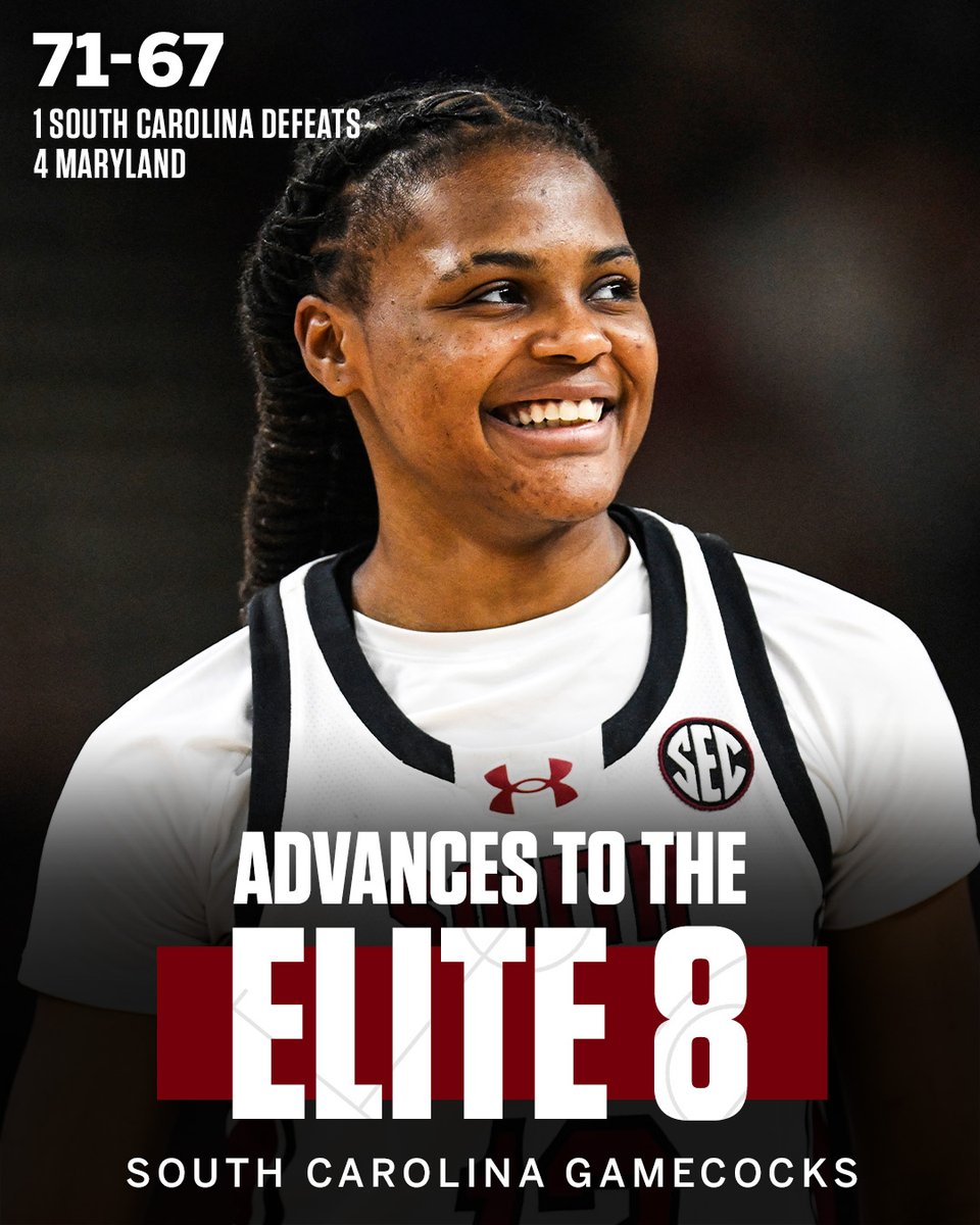 espn's tweet photo. SOUTH CAROLINA SURVIVES THE SWEET 16 THRILLER 😤 

The Gamecocks are on to their fifth straight Elite Eight 💪 https://t.co/ODZEPN21un