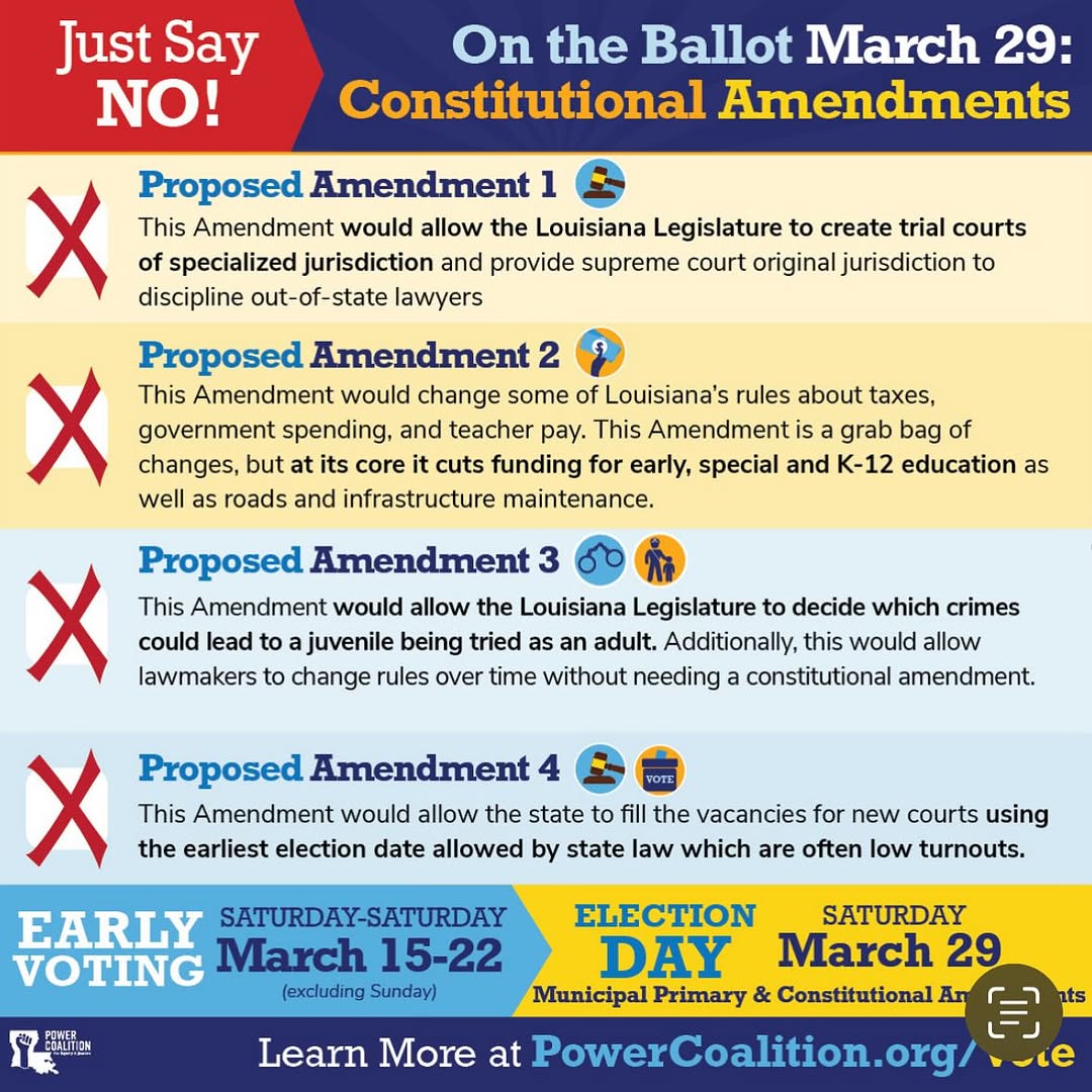 🚨 TOMORROW is Election Day Louisiana family! 🚨 We have the power to reject four dangerous amendments that will deepen systemic racism and injustice in our state. >>SWIPE>> to learn more about the amendments from our partners at @powercoej.⁠

#Vote #GeauxVote #GoVote