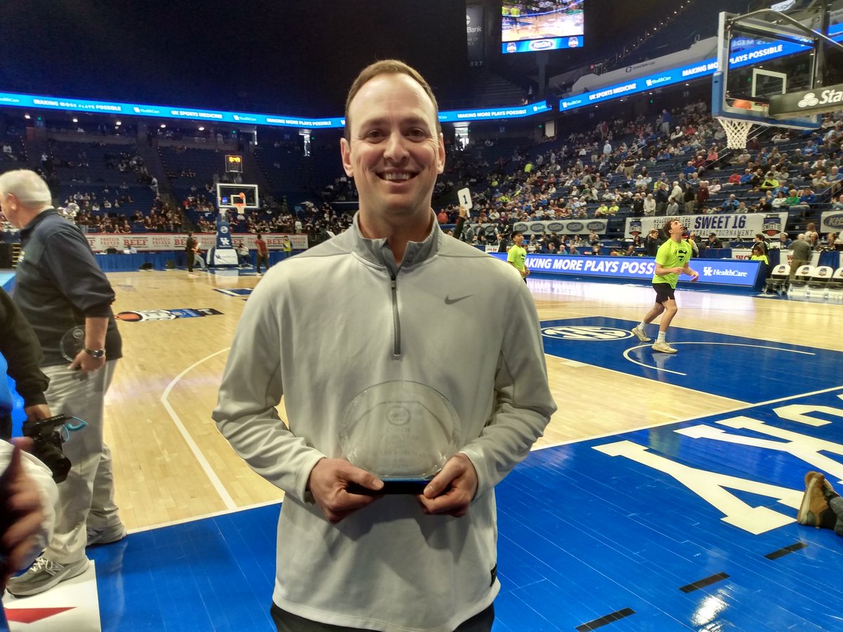 Kasey McRay of <a href="/Garrard_BBall/">Garrard County Boys Basketball</a> received his award for being named the <a href="/KABCoaches/">Kentucky Association of Basketball Coaches</a> 12th Region Boys Coach of the Year today at Rupp Arena during the Boys Sweet 16.