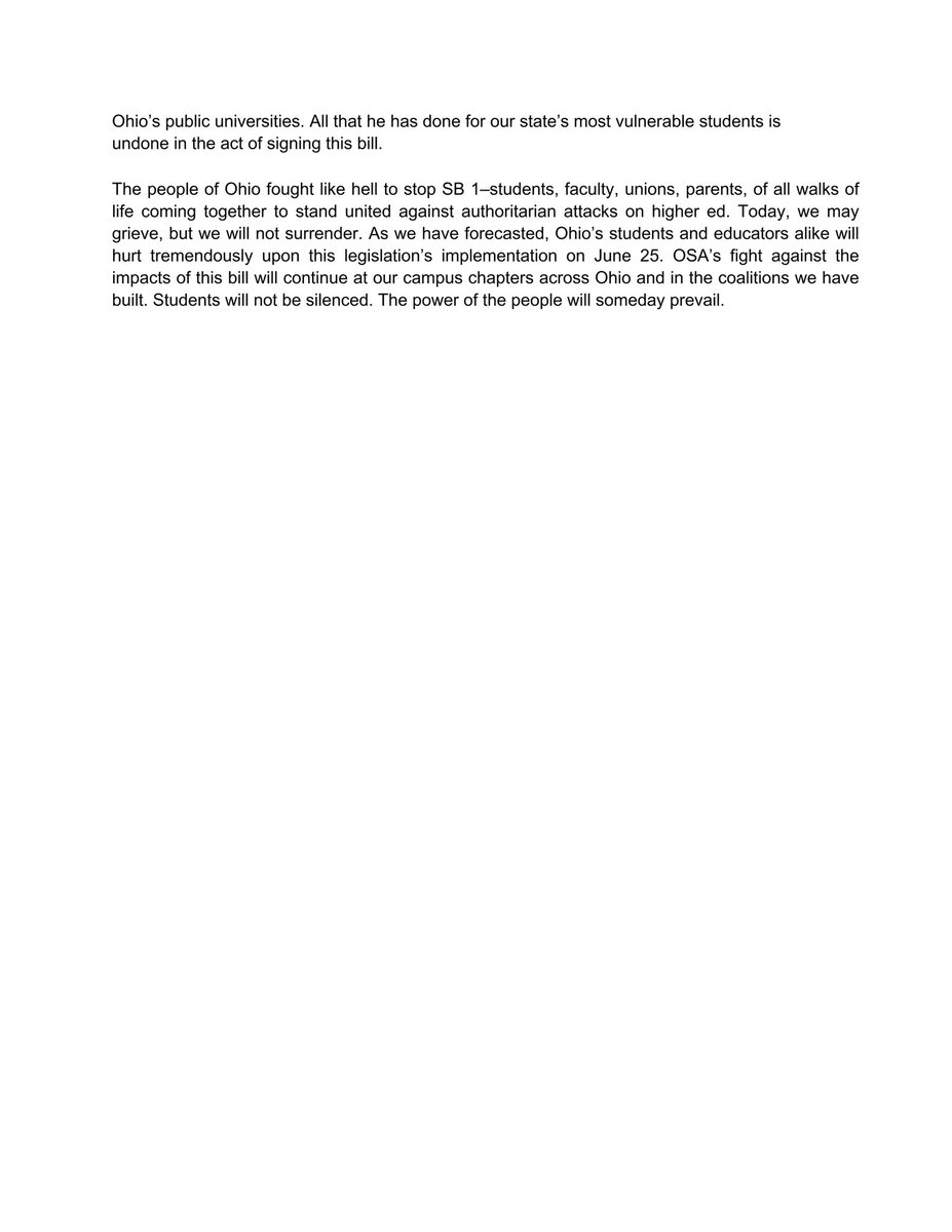 Ohio Student Association (@ohiostudents) on Twitter photo With a heavy heart, the Ohio Student Association mourns for our universities in light of <a href="/GovMikeDeWine/">Governor Mike DeWine</a>’s signing of SB 1. Read our statement below. With a heavy heart, the Ohio Student Association mourns for our universities in light of <a href="/GovMikeDeWine/">Governor Mike DeWine</a>’s signing of SB 1. Read our statement below.
