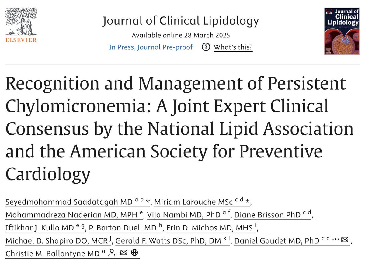 Mohammad Saadatagah (@smsaadatagah) on Twitter photo The second paper we just published is a joint statement:
Recognition and Management of Persistent Chylomicronemia: A Joint Expert Clinical Consensus by the <a href="/nationallipid/">National Lipid Association</a> and <a href="/ASPCardio/">ASPC</a> published in <a href="/nationallipid/">National Lipid Association</a> and <a href="/AJPCardio/">AJPC</a>
sciencedirect.com/science/articl… The second paper we just published is a joint statement:
Recognition and Management of Persistent Chylomicronemia: A Joint Expert Clinical Consensus by the <a href="/nationallipid/">National Lipid Association</a> and <a href="/ASPCardio/">ASPC</a> published in <a href="/nationallipid/">National Lipid Association</a> and <a href="/AJPCardio/">AJPC</a>
sciencedirect.com/science/articl…