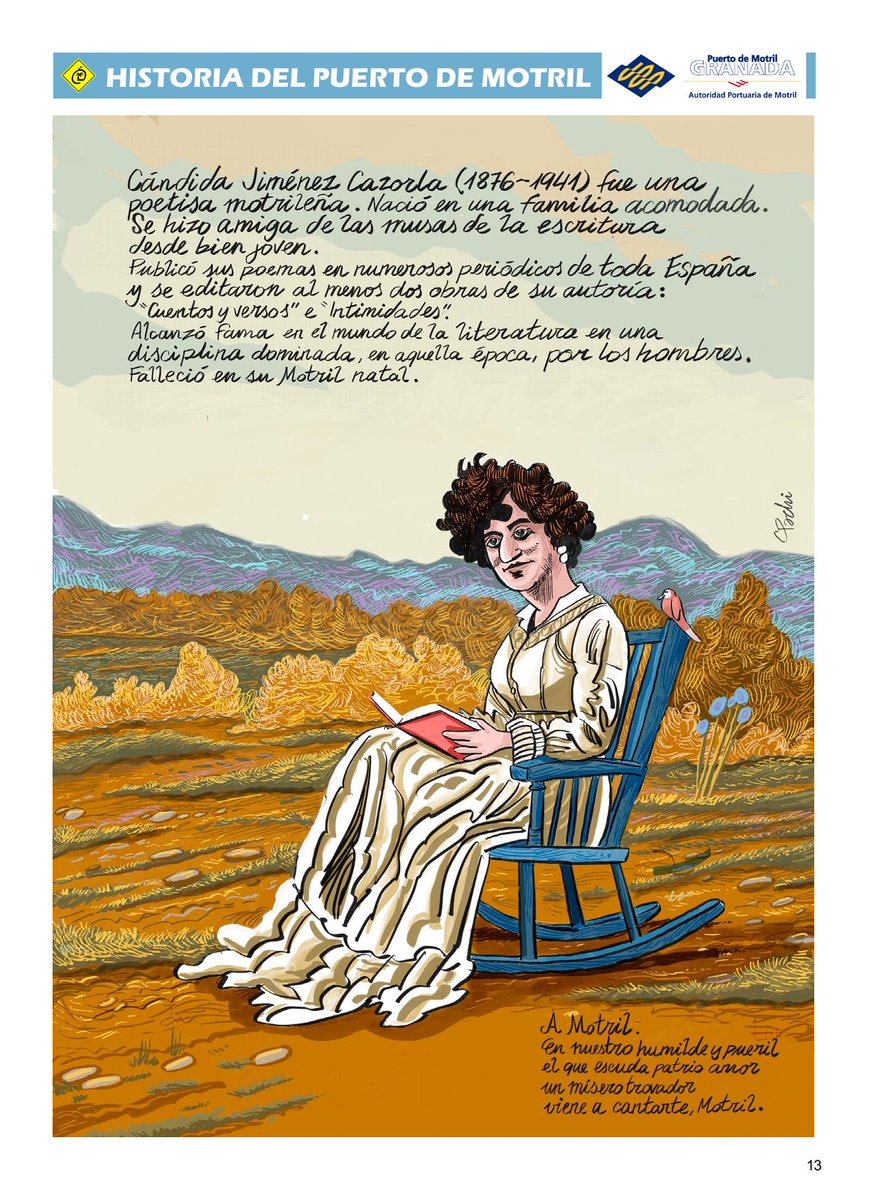 Esta página dedicada a Cándida Jiménez Cazorla, ilustrada por Pachi, es una joya que recupera con sensibilidad a una figura femenina olvidada por la historia oficial.

Cándida Jiménez Cazorla (1876–1941)
Poetisa. Motrileña. Rebelde con rima.
Escribió cuando las mujeres apenas