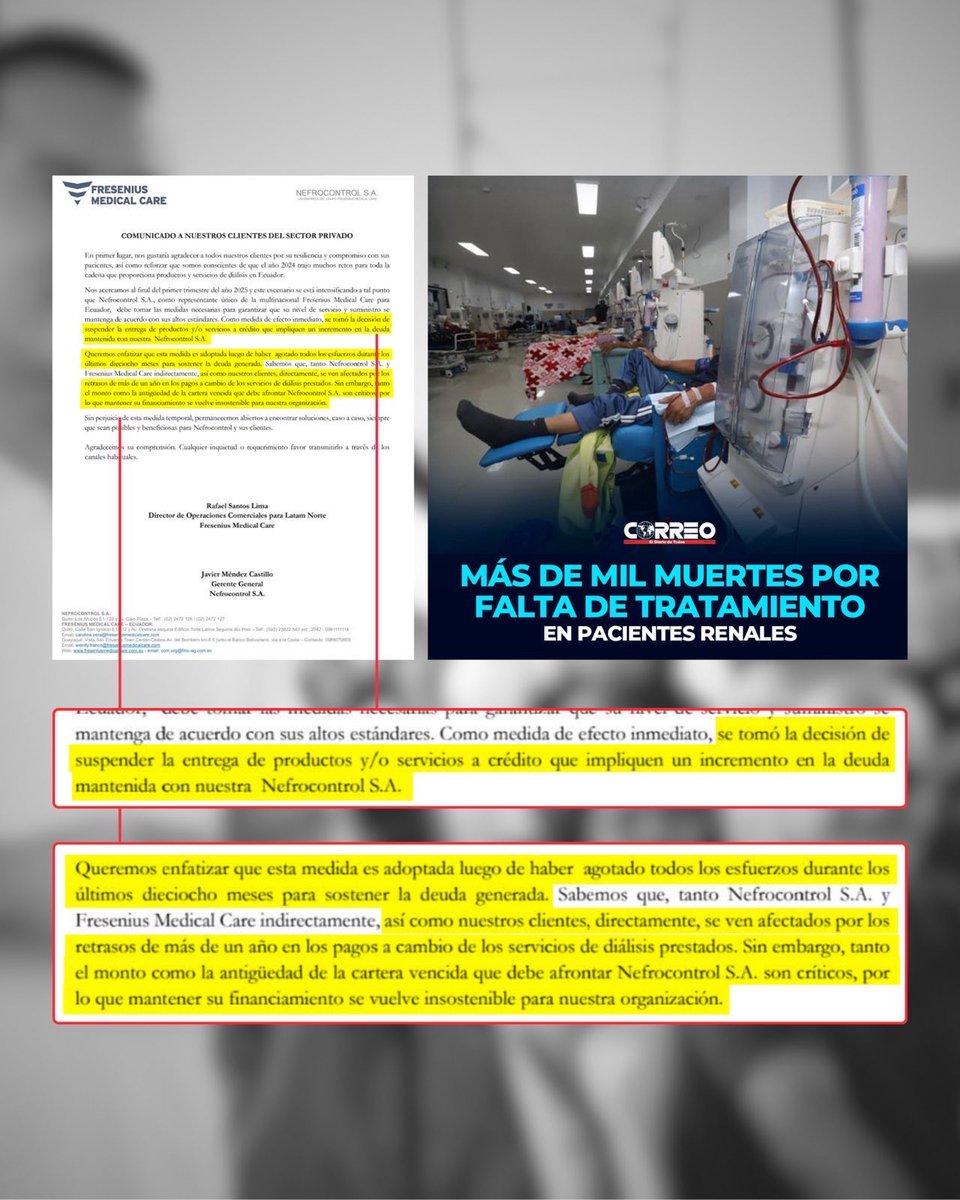 LuisaGonzalezEc's tweet photo. 🚨 ¡Pacientes renales en riesgo de muerte!

En solo dos meses de 2024, más de 1.000 ecuatorianos fallecieron por falta de diálisis. Hoy, la mayor proveedora de insumos para diálisis suspendió entregas tras 18 meses sin pago del Estado, y una nueva tragedia puede repetirse.

Las clínicas están al borde del colapso, mientras Noboa gasta recursos públicos en campaña sucia. 

Esto no puede seguir así. Tanta maldad y abandono deben terminar. Esta lucha es por la vida de todos los ecuatorianos.

#LuisaPorLaVida
#LuisaPresidenta 🇪🇨