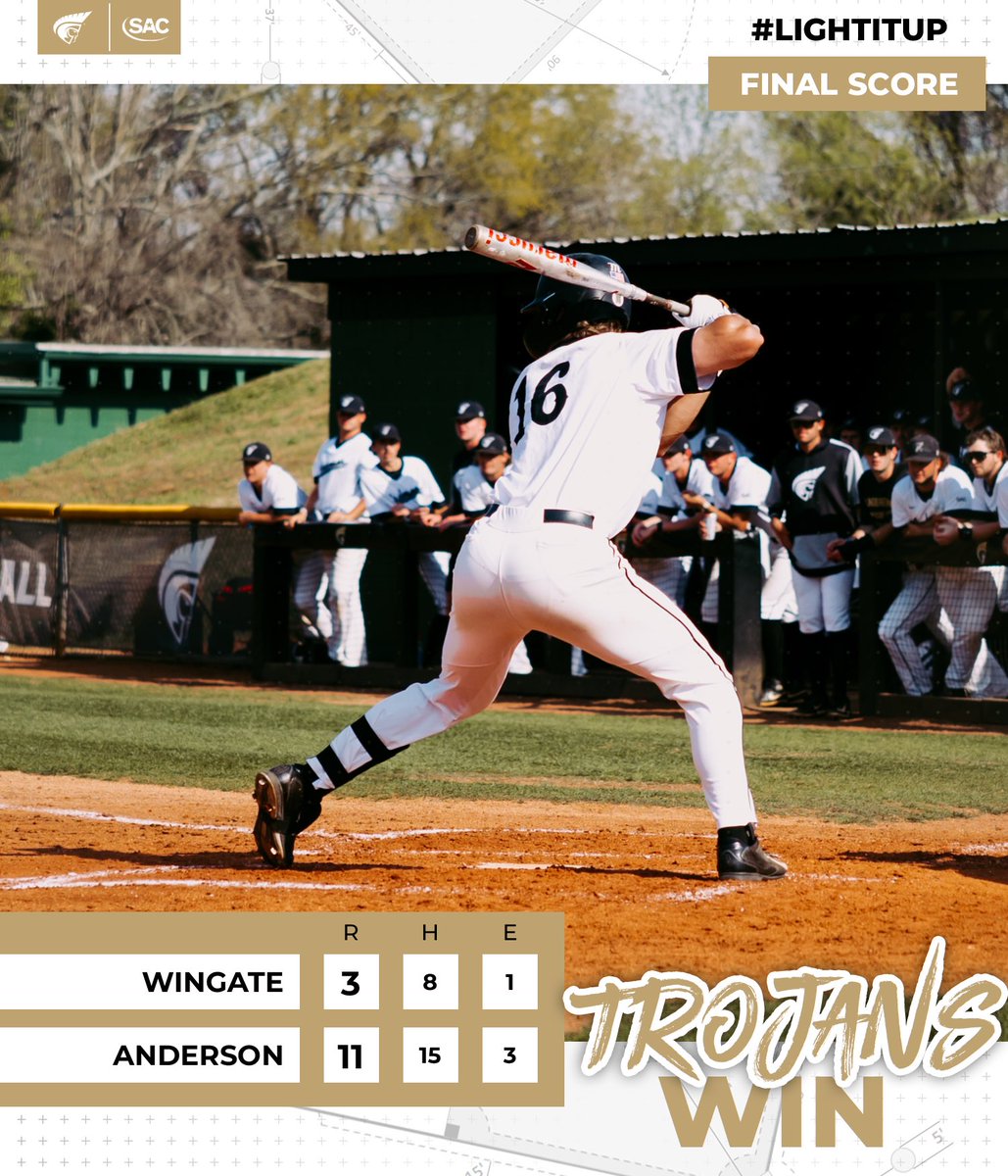 TROJANS WIN😎

Trojans⚔️ take down the Bulldogs 11-3! 

Offense erupts for 8 runs in the 8th! 

Pitching scatters 8 hits while striking out 9 🔥

DH tomorrow, first pitch 1:00pm. 

#LightItUp