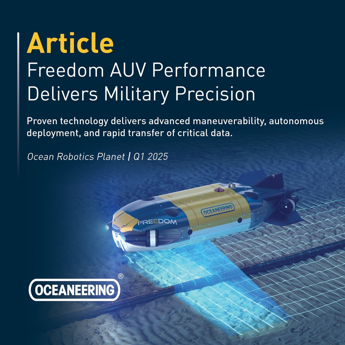 In the Q1 2025 issue of <a href="/ROVplanet/">Ocean Robotics Planet (formerly ROV Planet)</a>, we discuss how our Freedom™ AUV—built on field-proven commercial technology— can deliver mission-ready capabilities for critical undersea infrastructure applications. Read more: issuu.com/rovplanet/docs…

#Oceaneering #AUV #Defense #Innovation